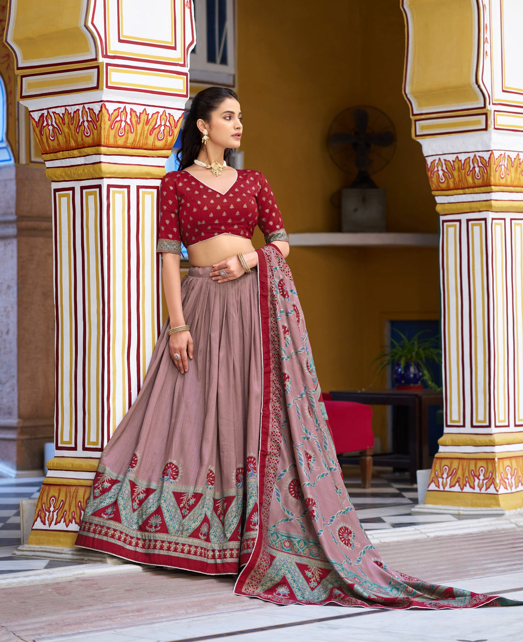Maroon Tasar Silk Printed Lehenga Choli with Sparkle and Lace