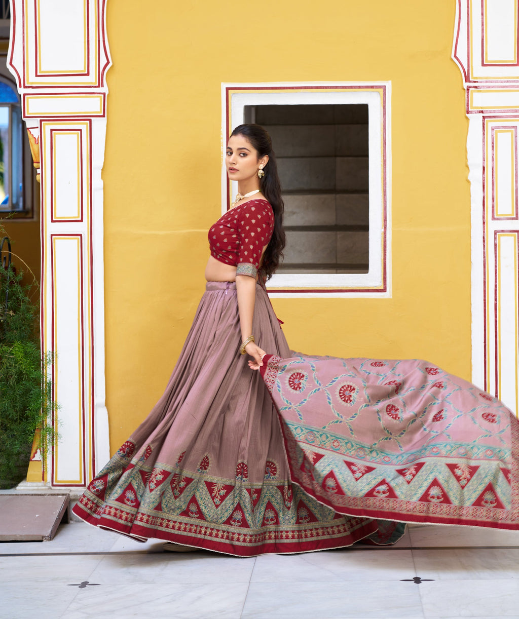 Maroon Tasar Silk Printed Lehenga Choli with Sparkle and Lace