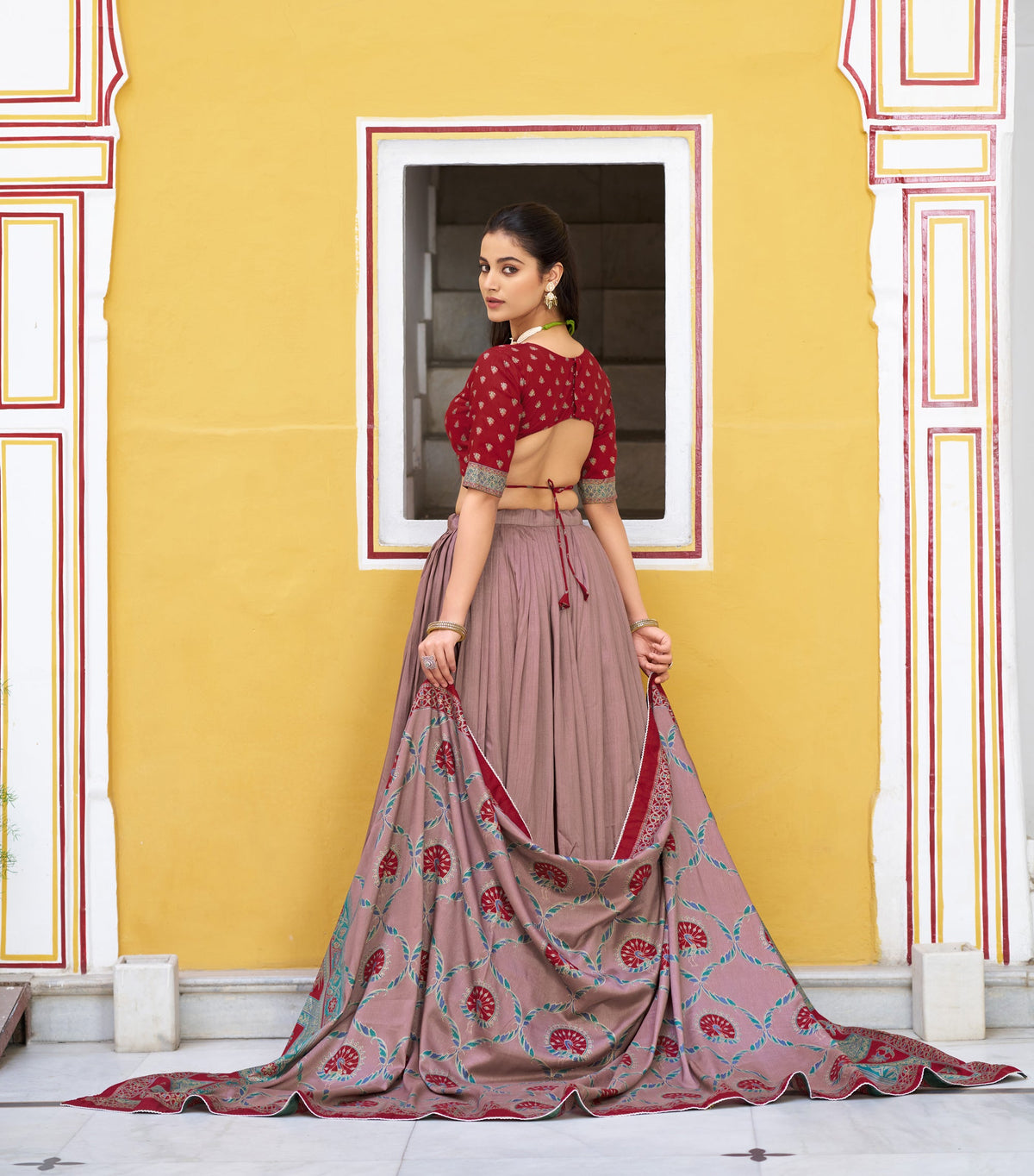 Maroon Tasar Silk Printed Lehenga Choli with Sparkle and Lace