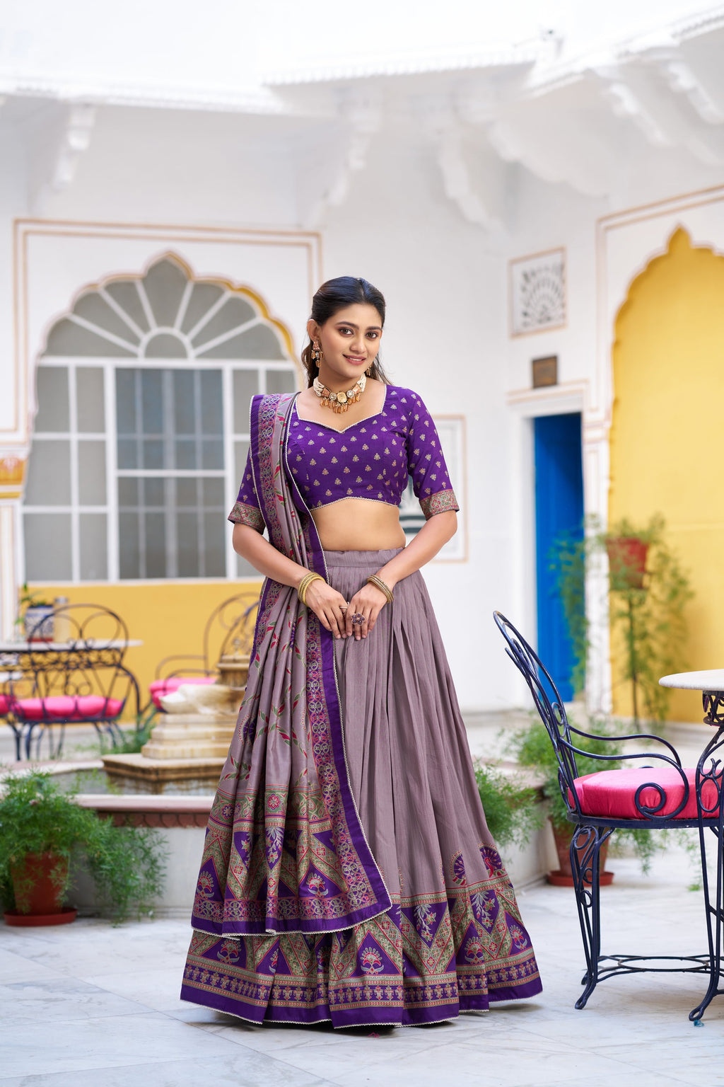 Purple Tasar Silk Lehenga Choli with Lace Border and Sparkle