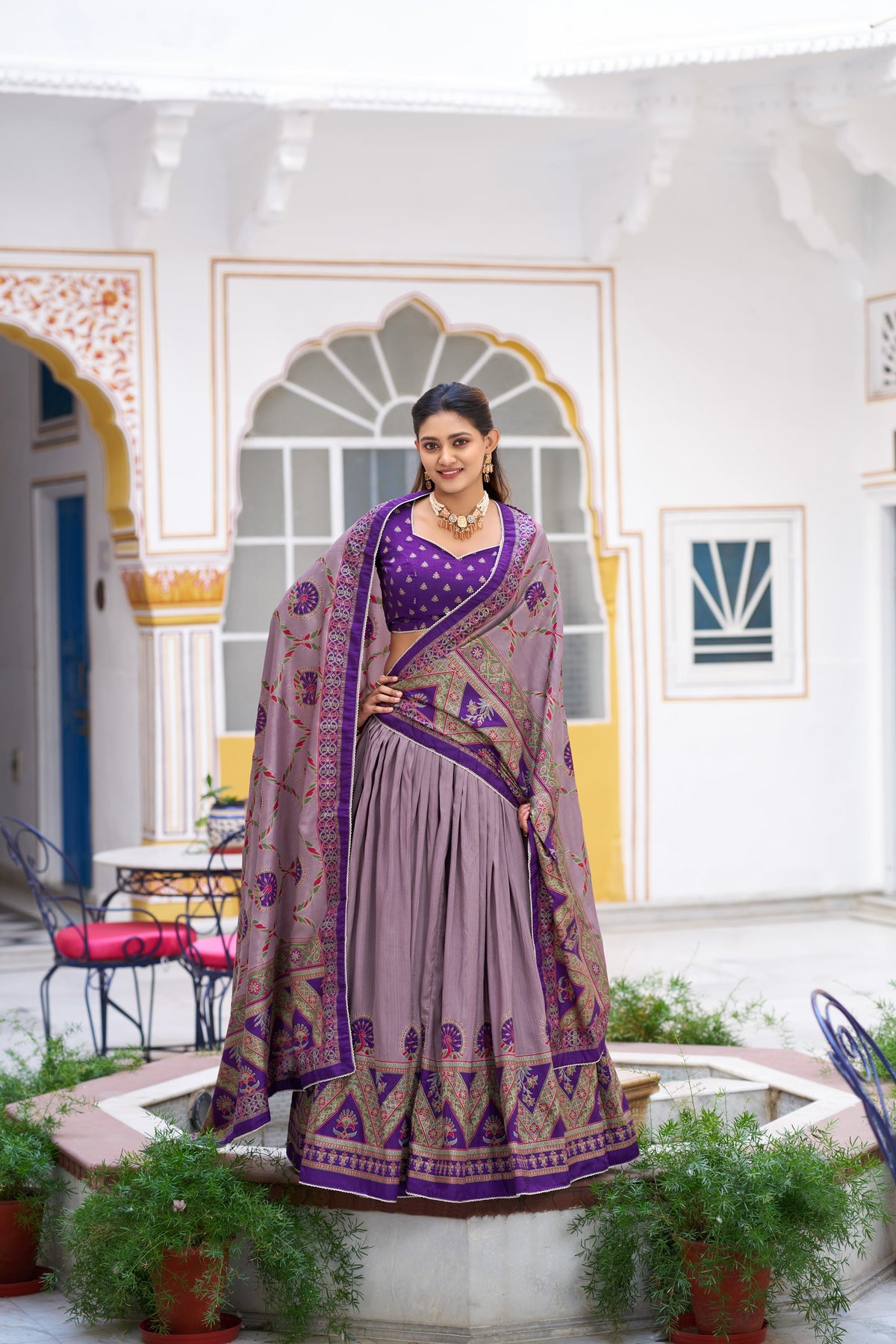 Purple Tasar silk lehenga choli with printed patterns, sparkle detailing, and lace border.