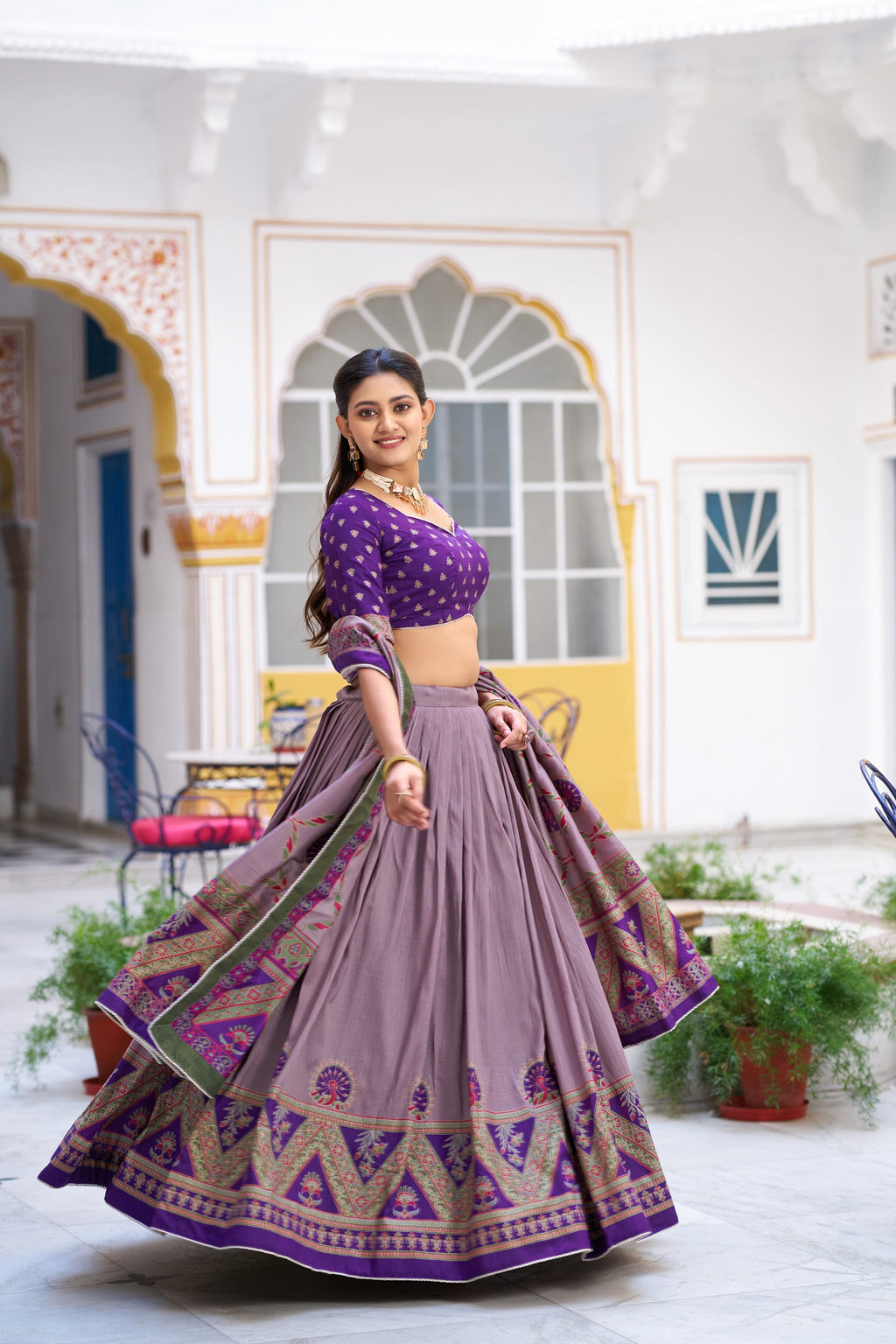 Purple Tasar Silk Lehenga Choli with Lace Border and Sparkle