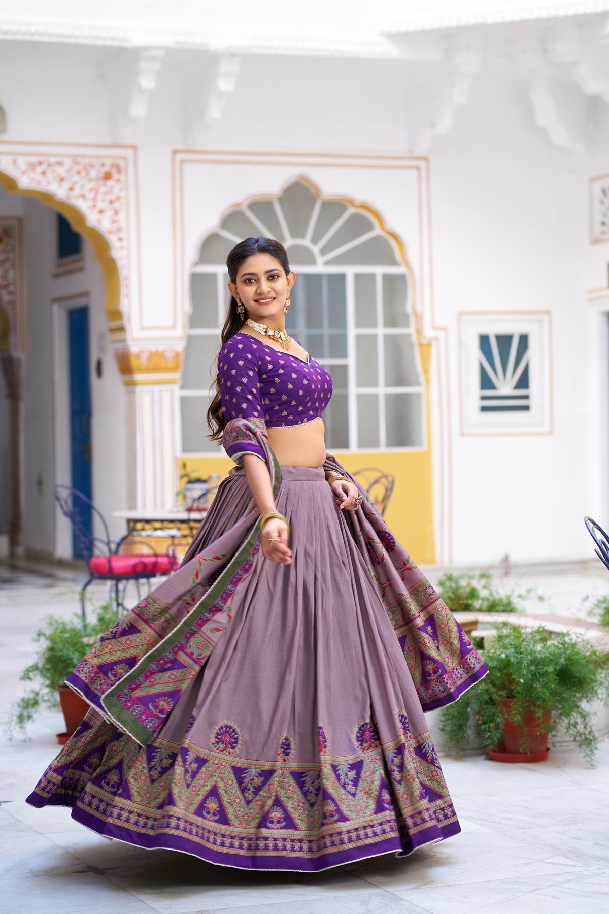Purple Tasar Silk Lehenga Choli with Lace Border and Sparkle