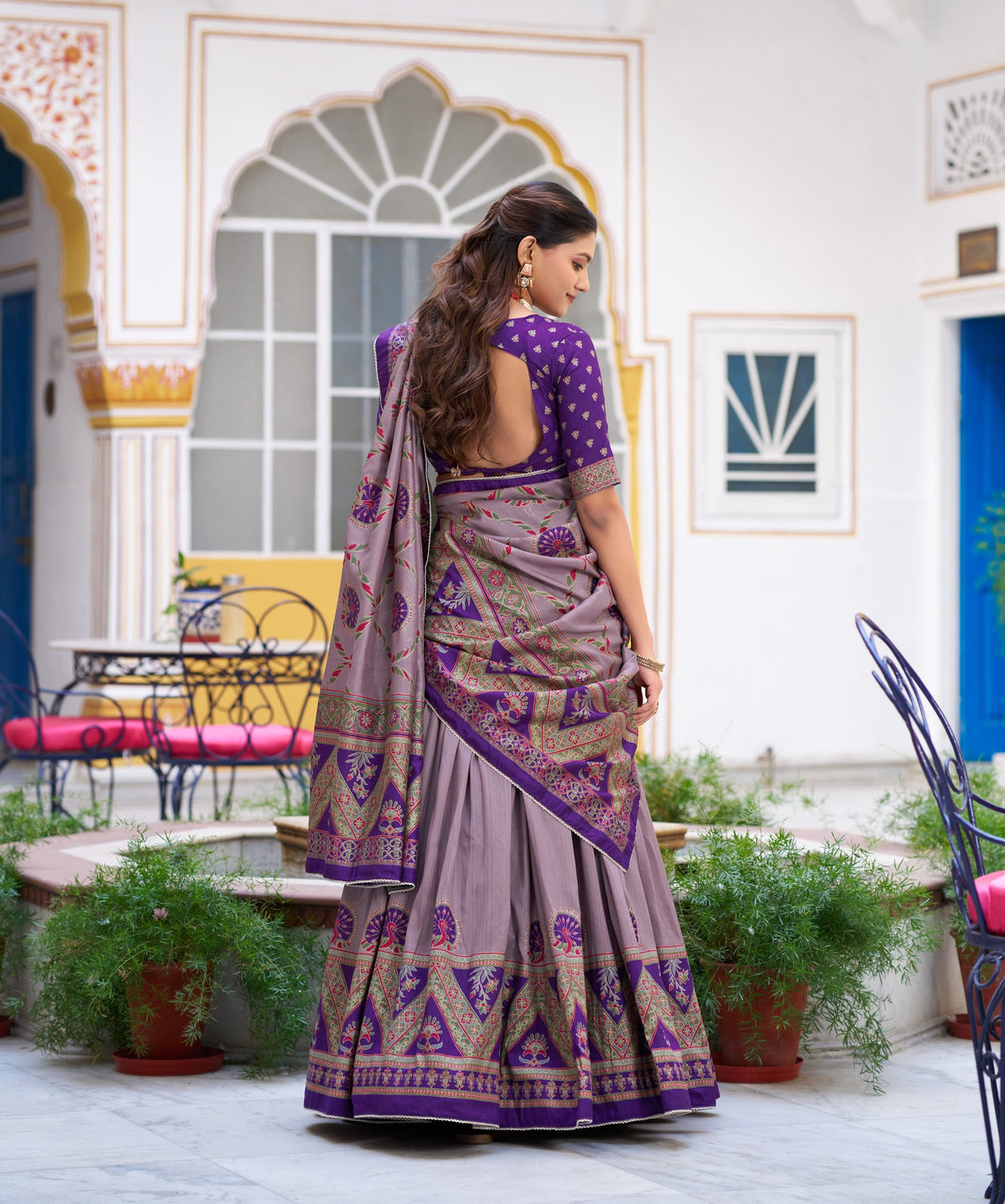 Purple Tasar Silk Lehenga Choli with Lace Border and Sparkle