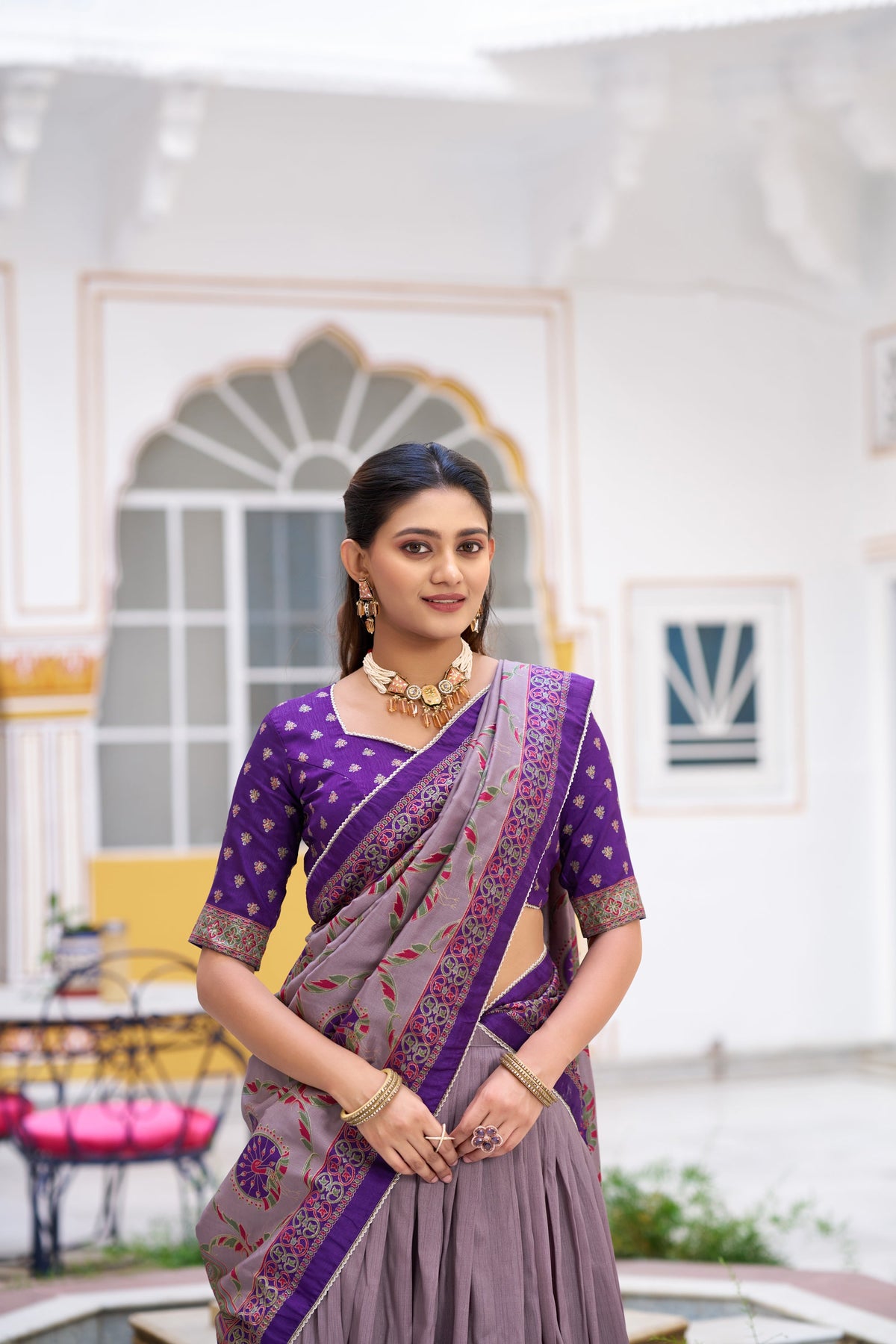 Purple Tasar Silk Lehenga Choli with Lace Border and Sparkle