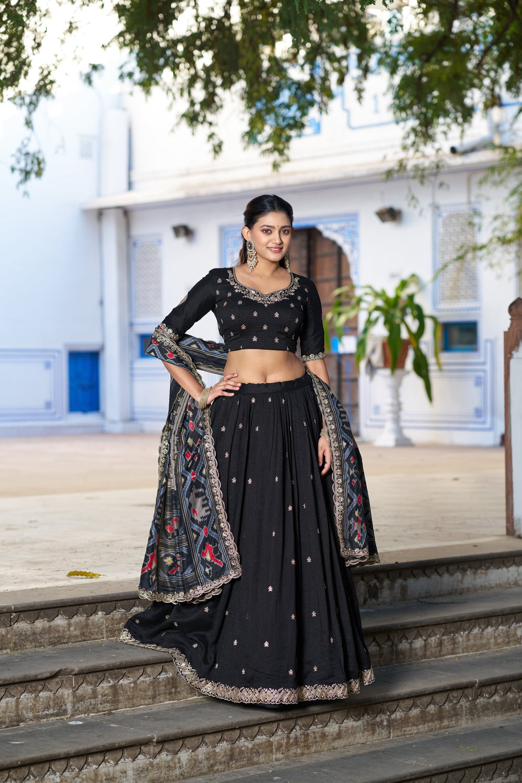Black Vichitra Silk Sequins and Thread Embroidered Lehenga Choli