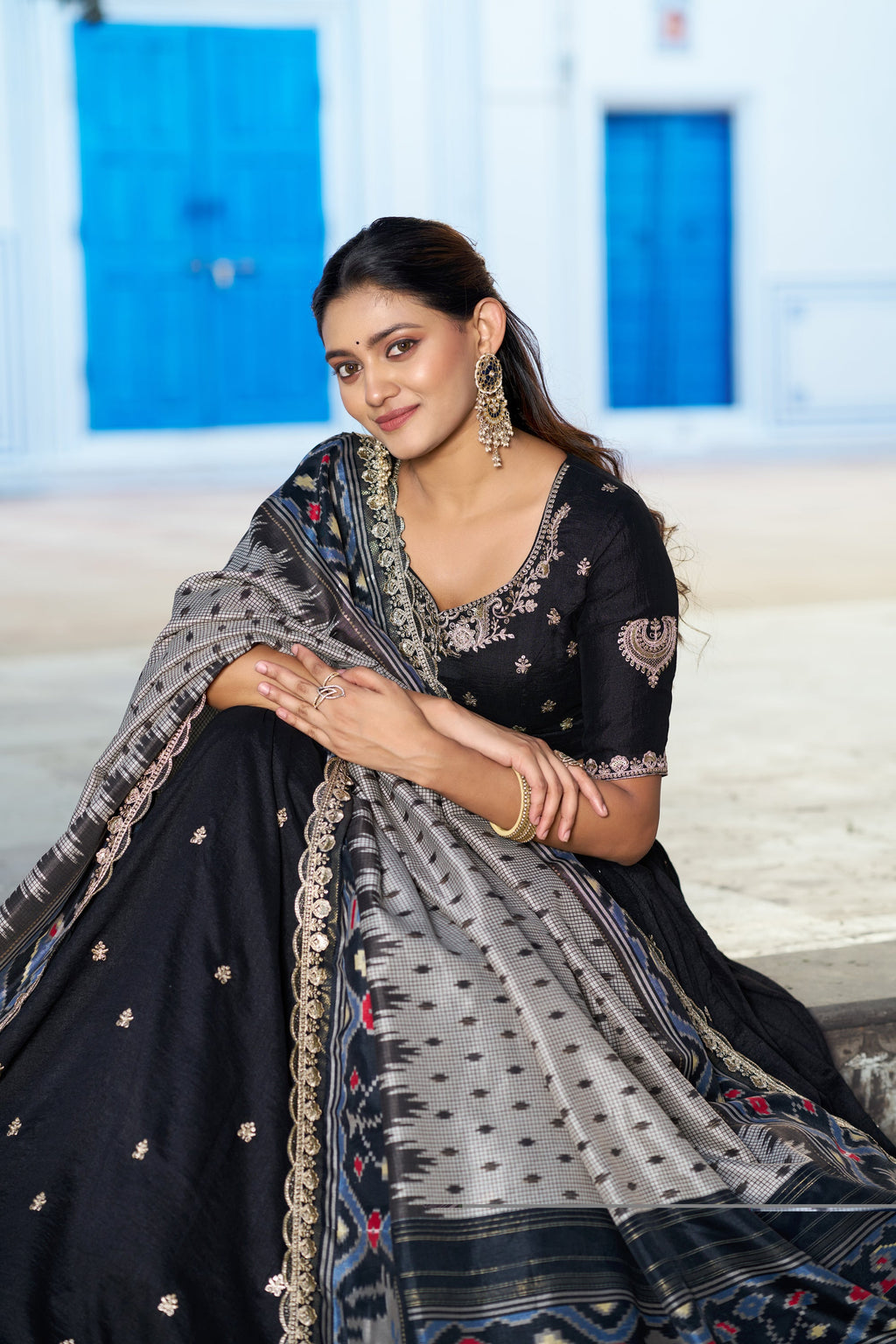 Black Vichitra Silk Sequins and Thread Embroidered Lehenga Choli