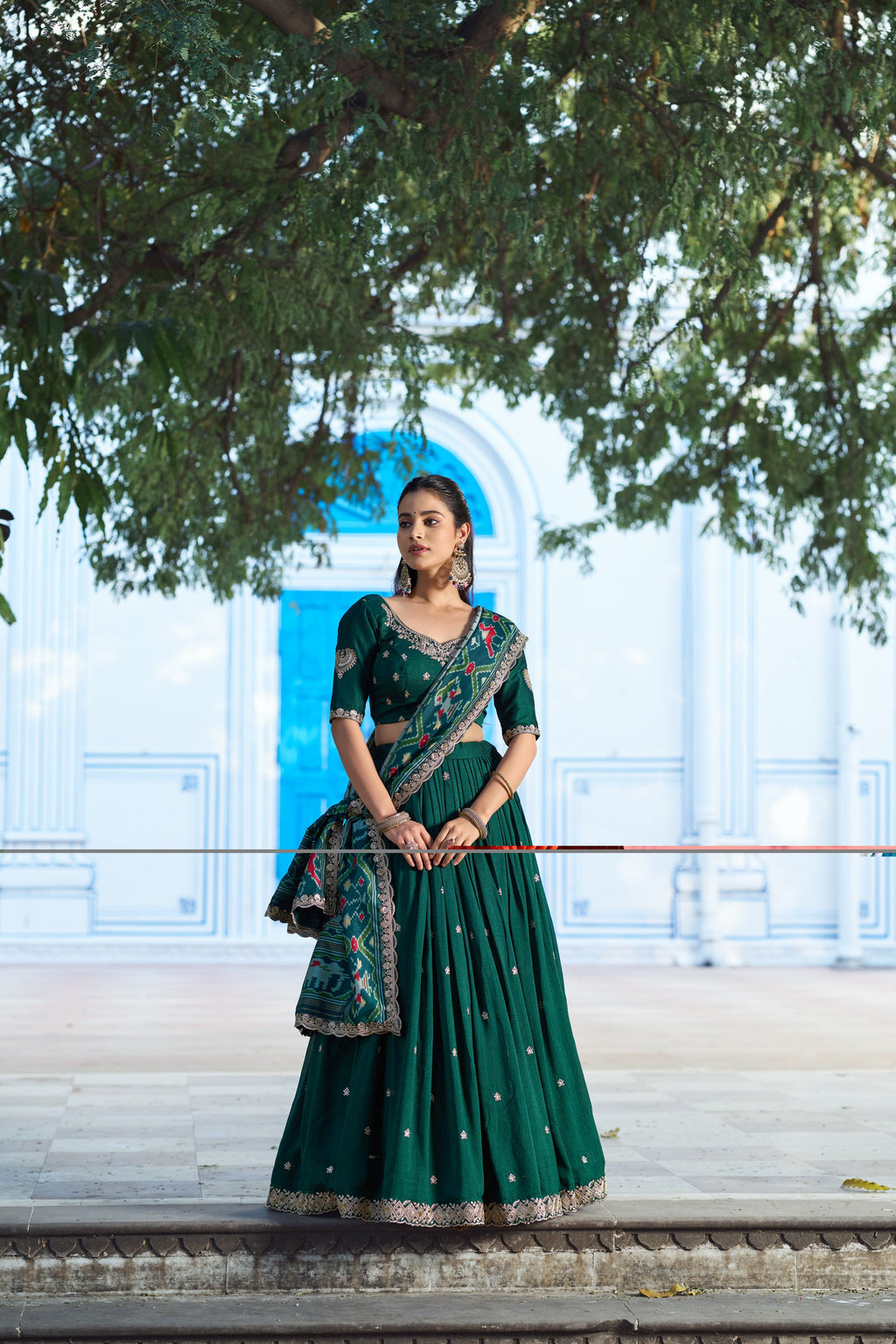 Green Vichitra Silk lehenga choli set with sequins and thread embroidery work