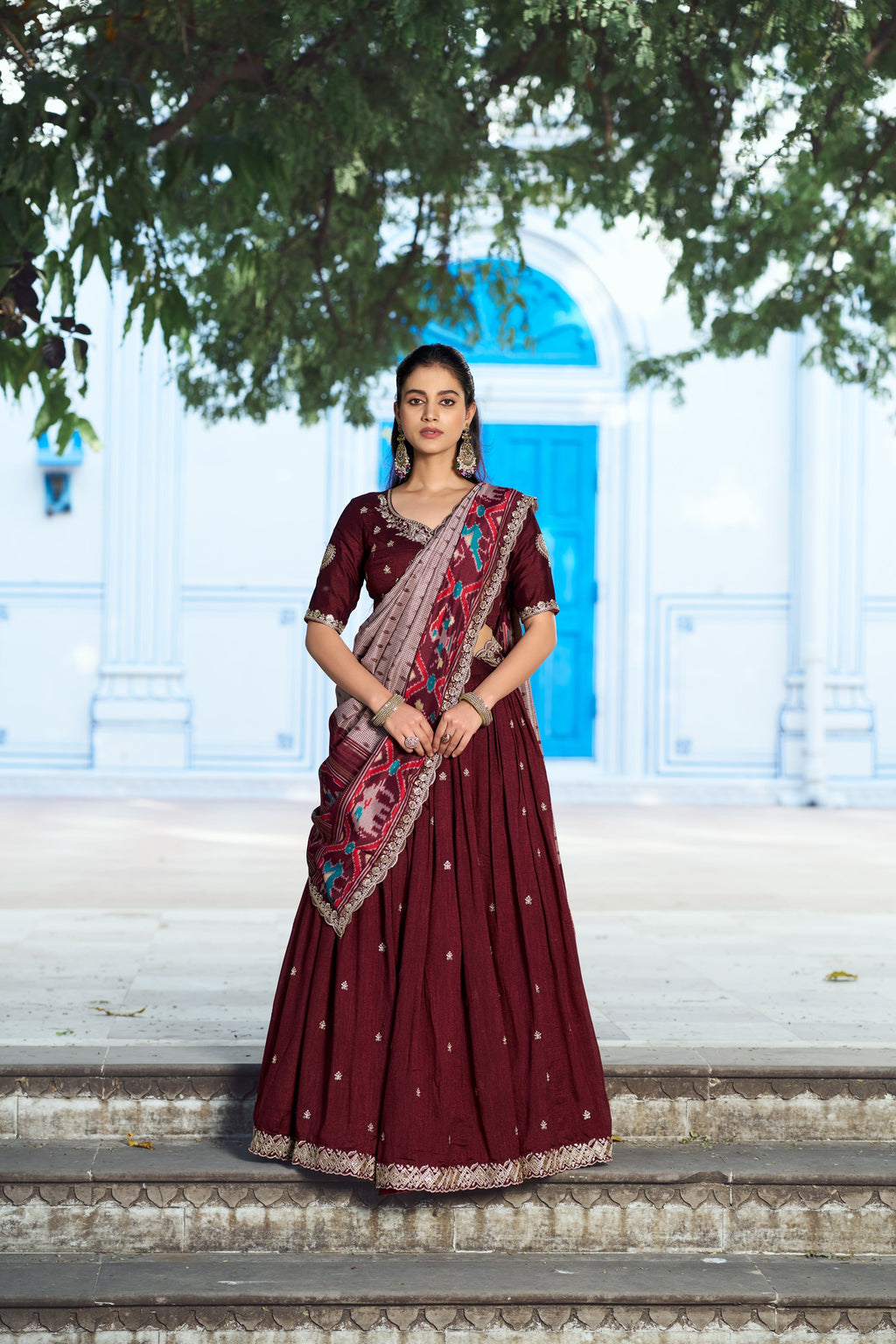 Maroon Vichitra Silk lehenga choli with intricate sequins and thread embroidery
