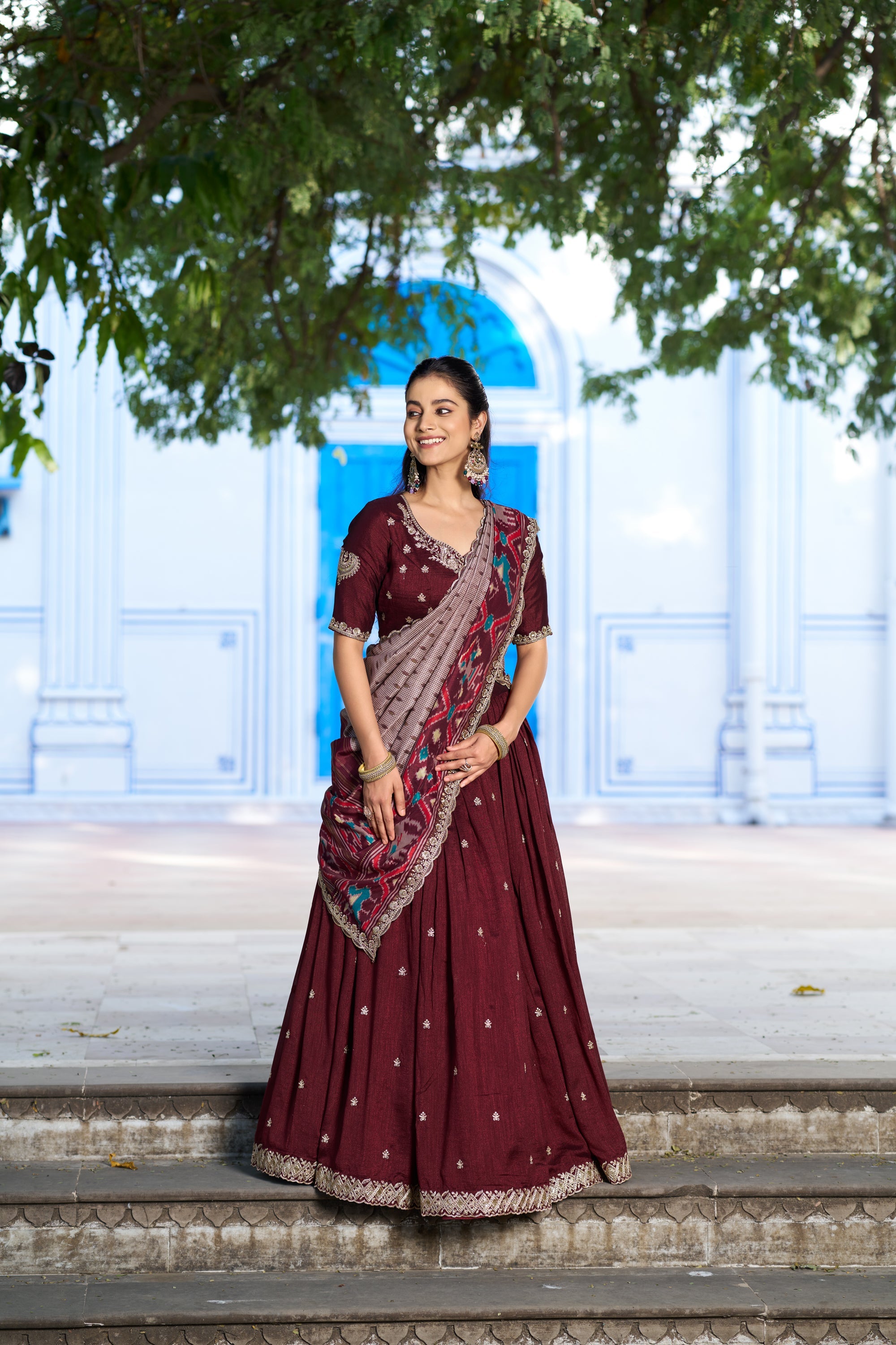 Maroon Vichitra Silk Lehenga Choli with Sequins and Embroidery