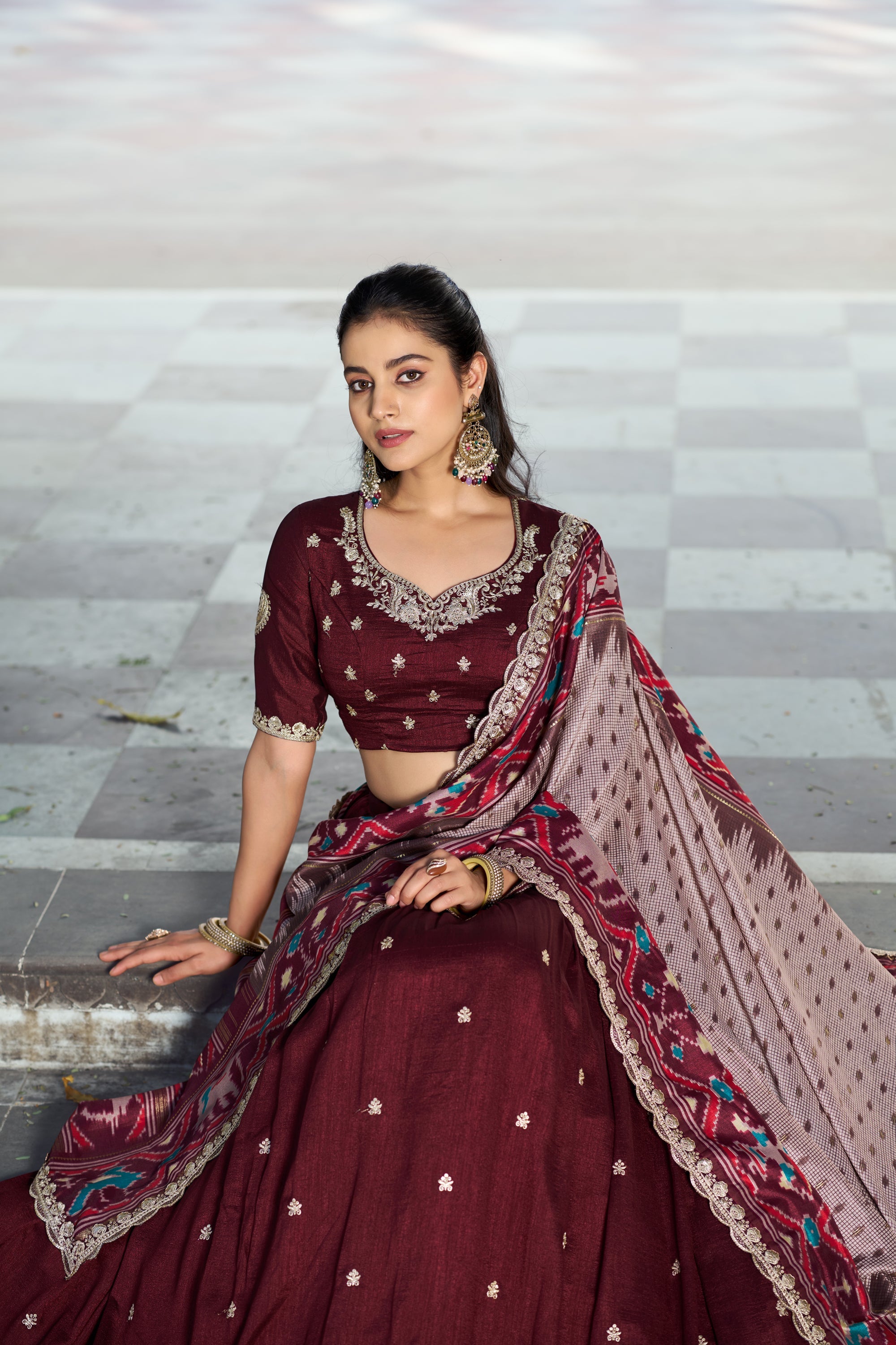 Maroon Vichitra Silk Lehenga Choli with Sequins and Embroidery