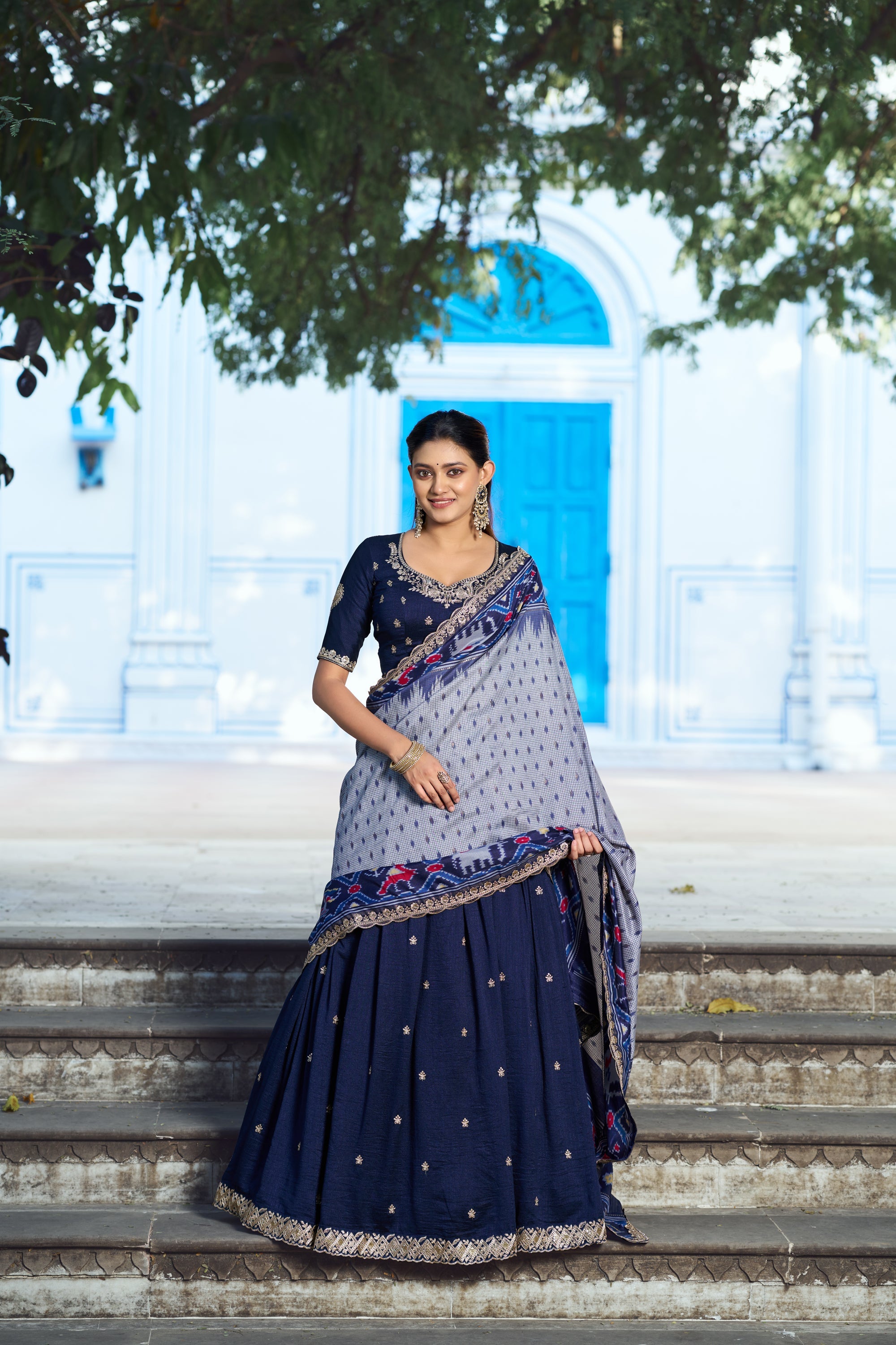 Navyblue Vichitra silk lehenga choli with sequins and thread embroidery