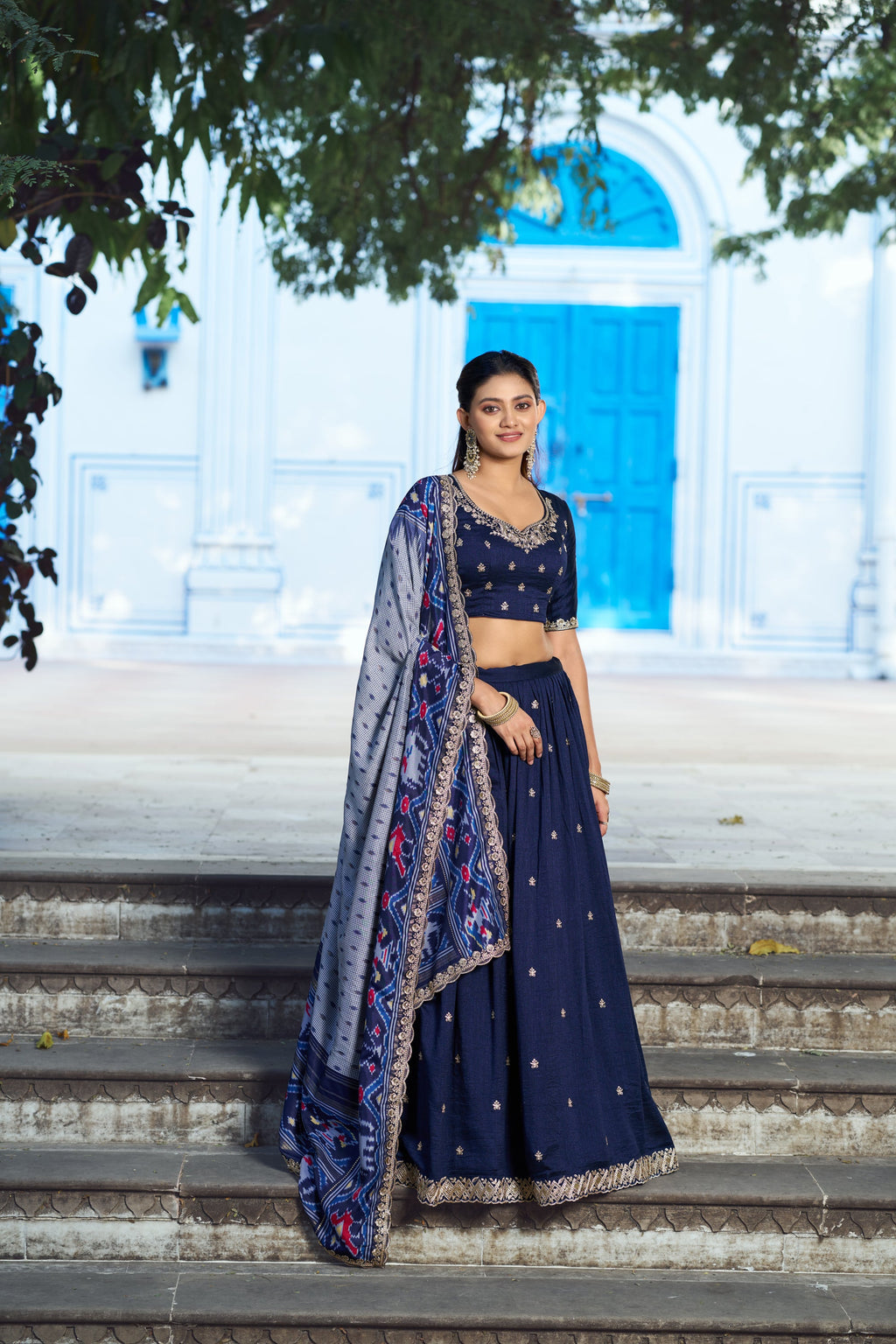 Navyblue Vichitra Silk Lehenga Choli with Sequins Work