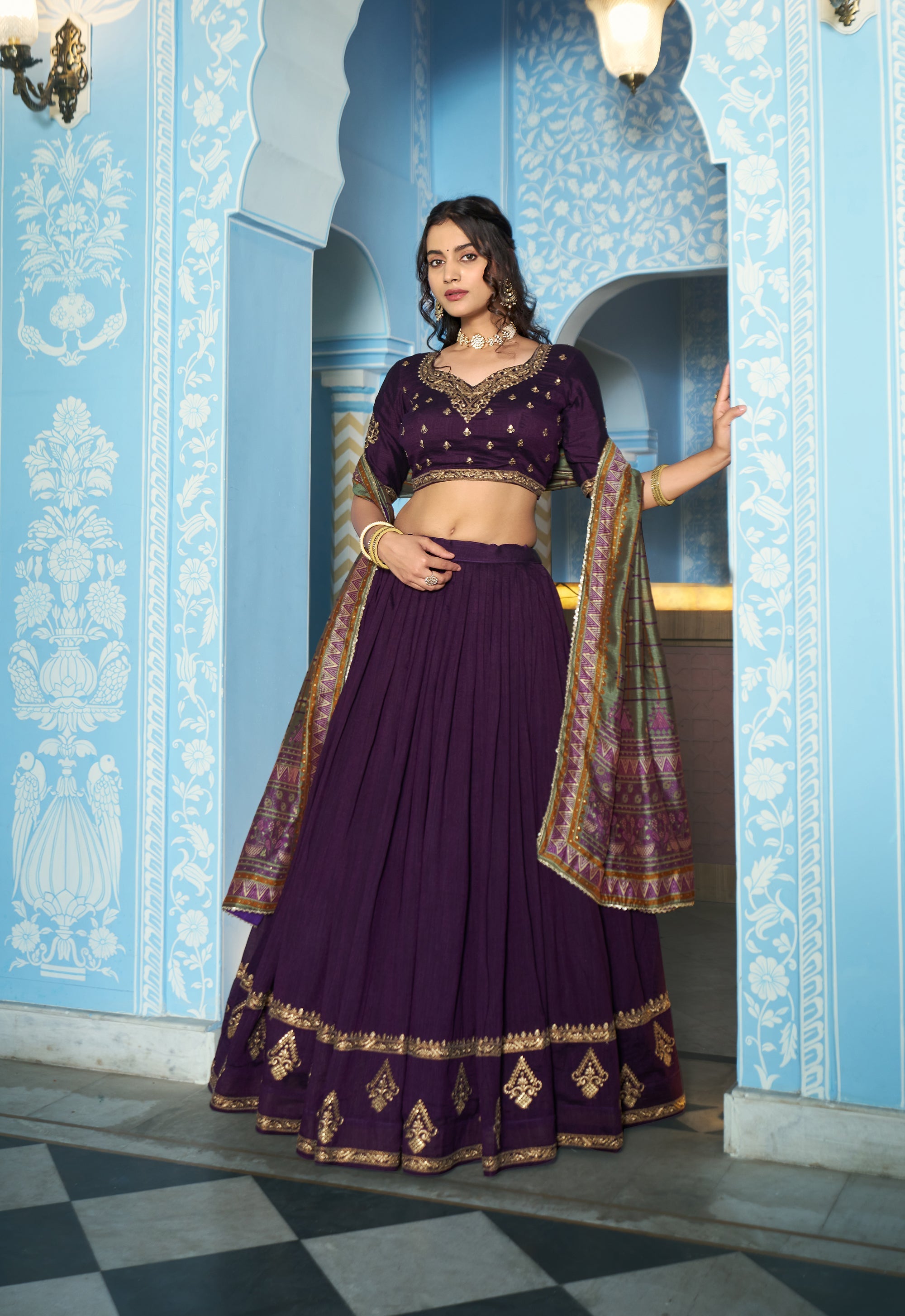 Purple Vichitra Silk Lehenga Choli with Sequins & Thread Embroidery