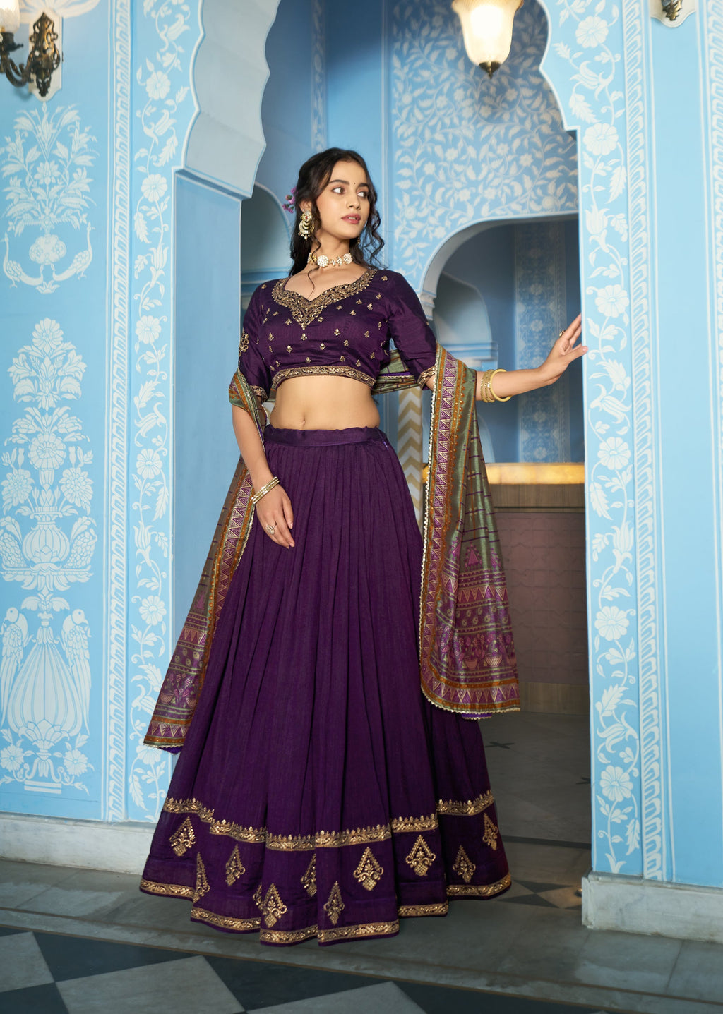 Purple Vichitra silk lehenga choli with heavy sequins and thread embroidery