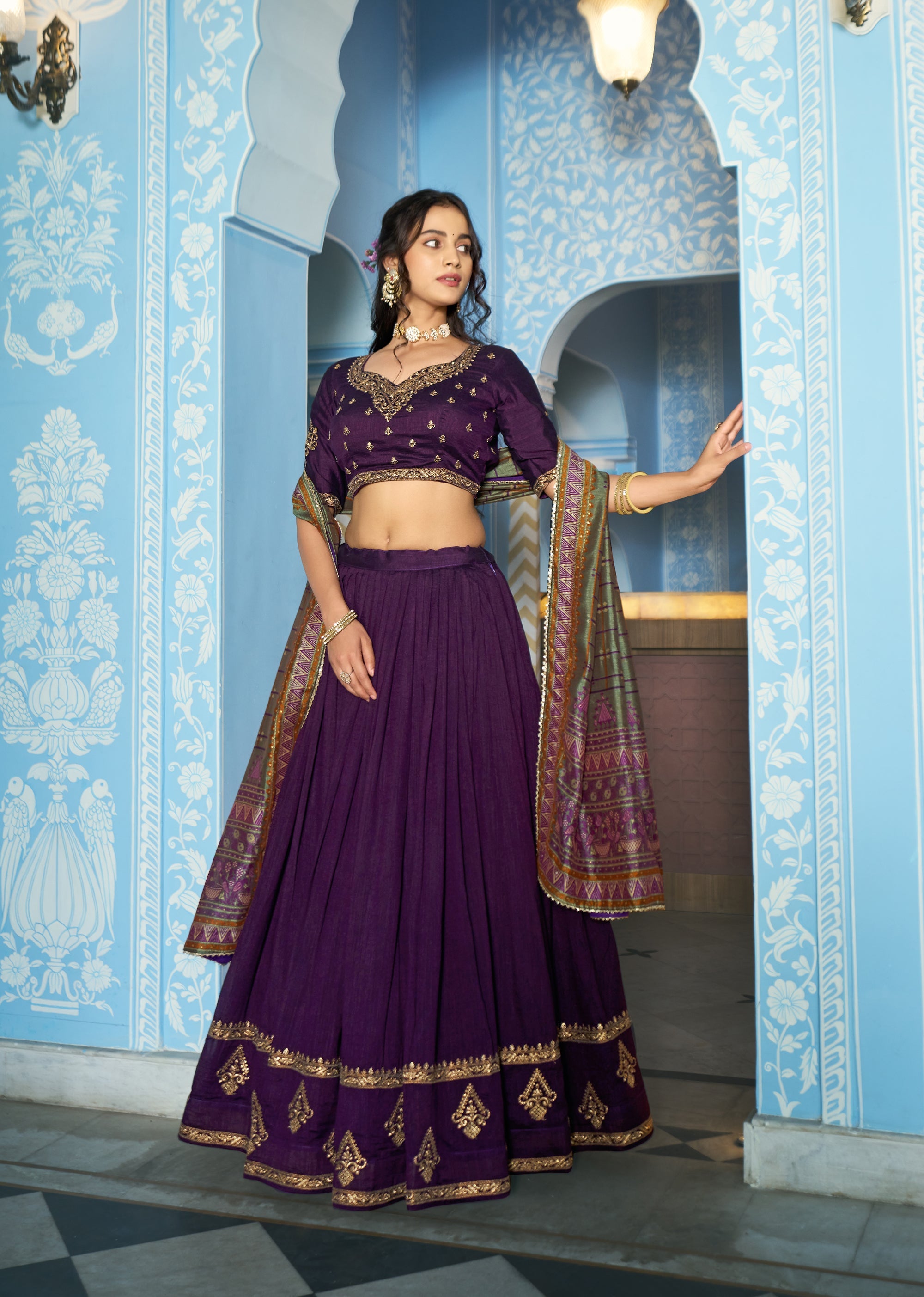 Purple Vichitra silk lehenga choli with heavy sequins and thread embroidery