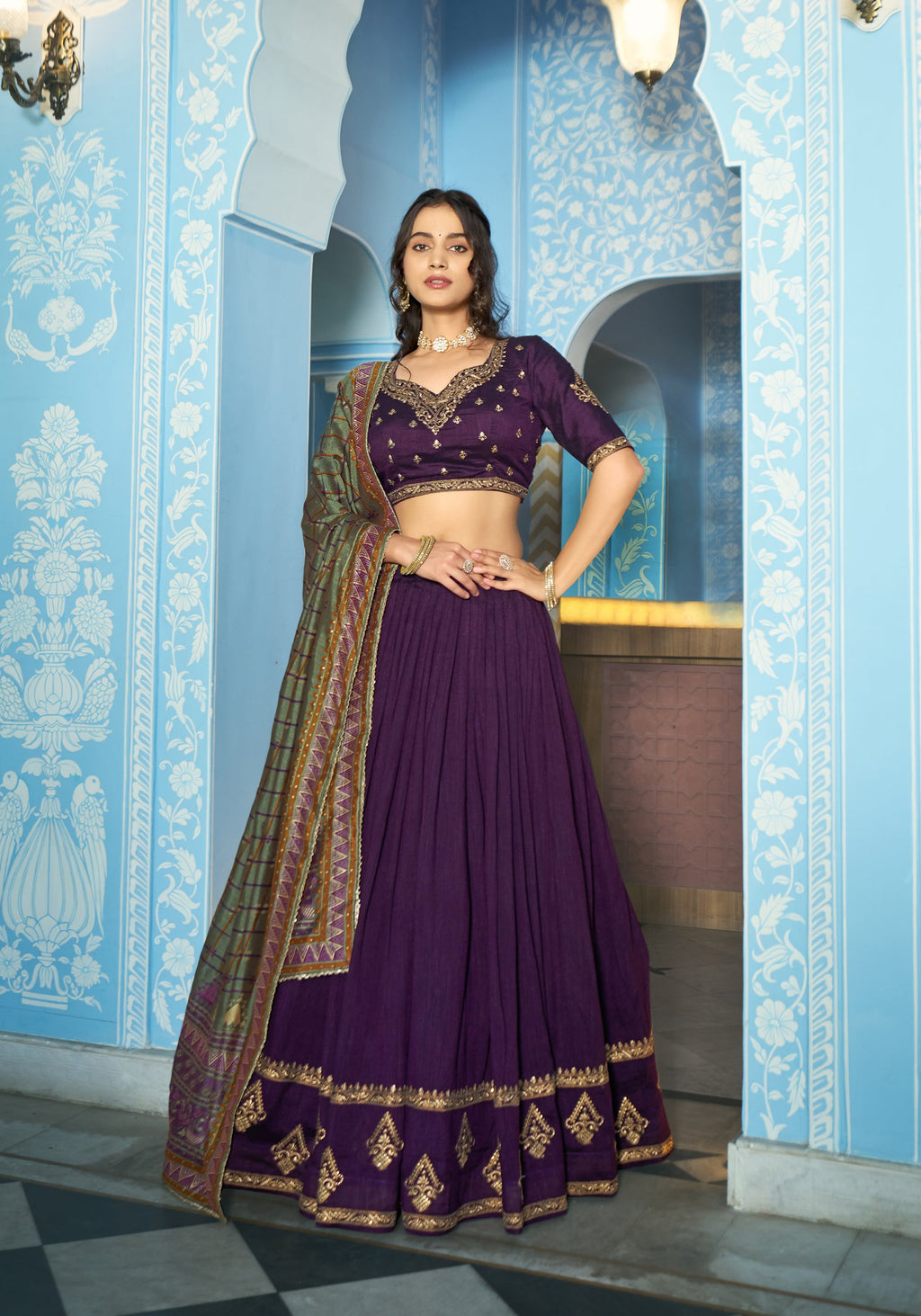Purple Vichitra Silk Lehenga Choli with Sequins & Thread Embroidery