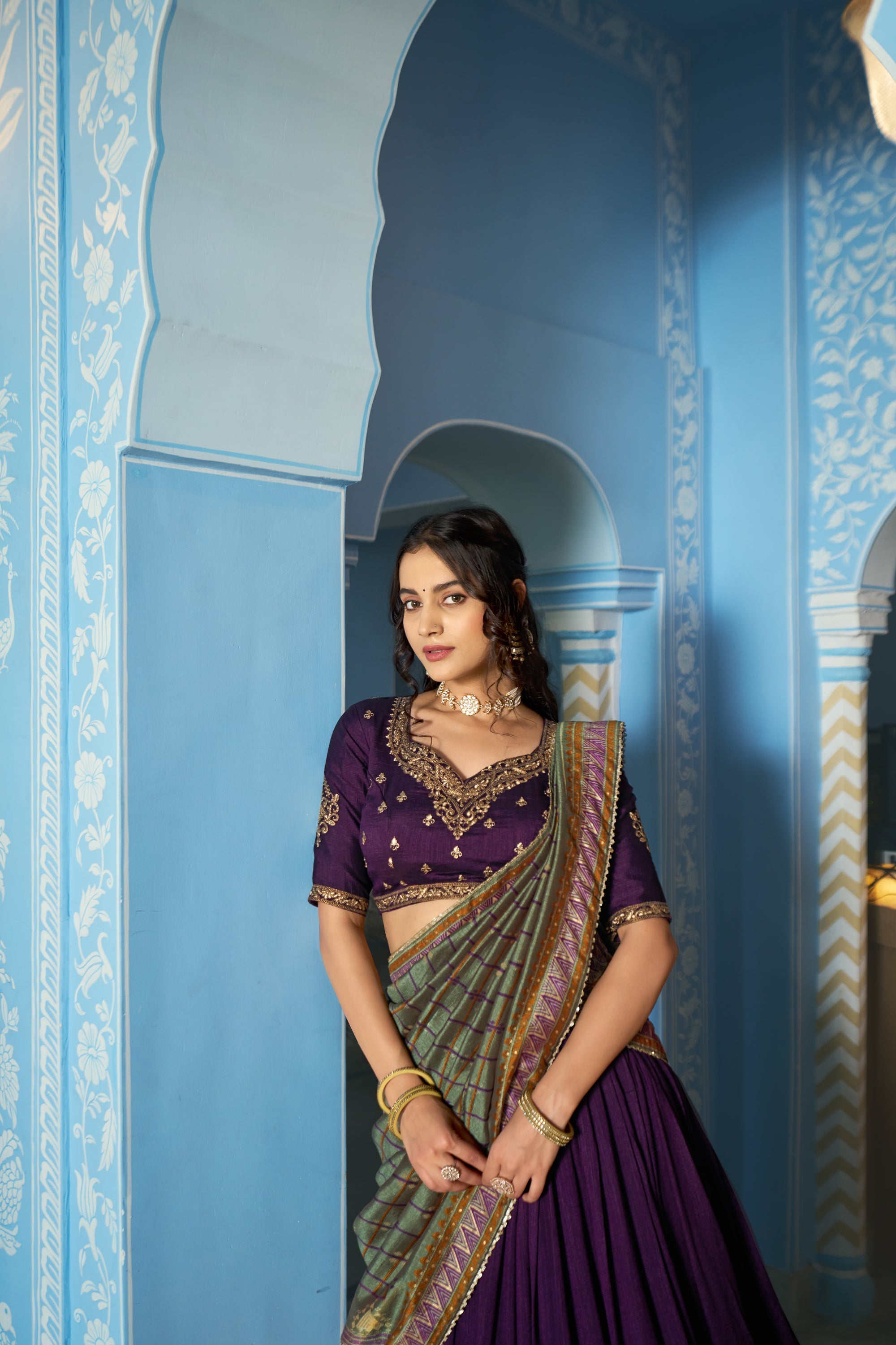 Purple Vichitra Silk Lehenga Choli with Sequins & Thread Embroidery