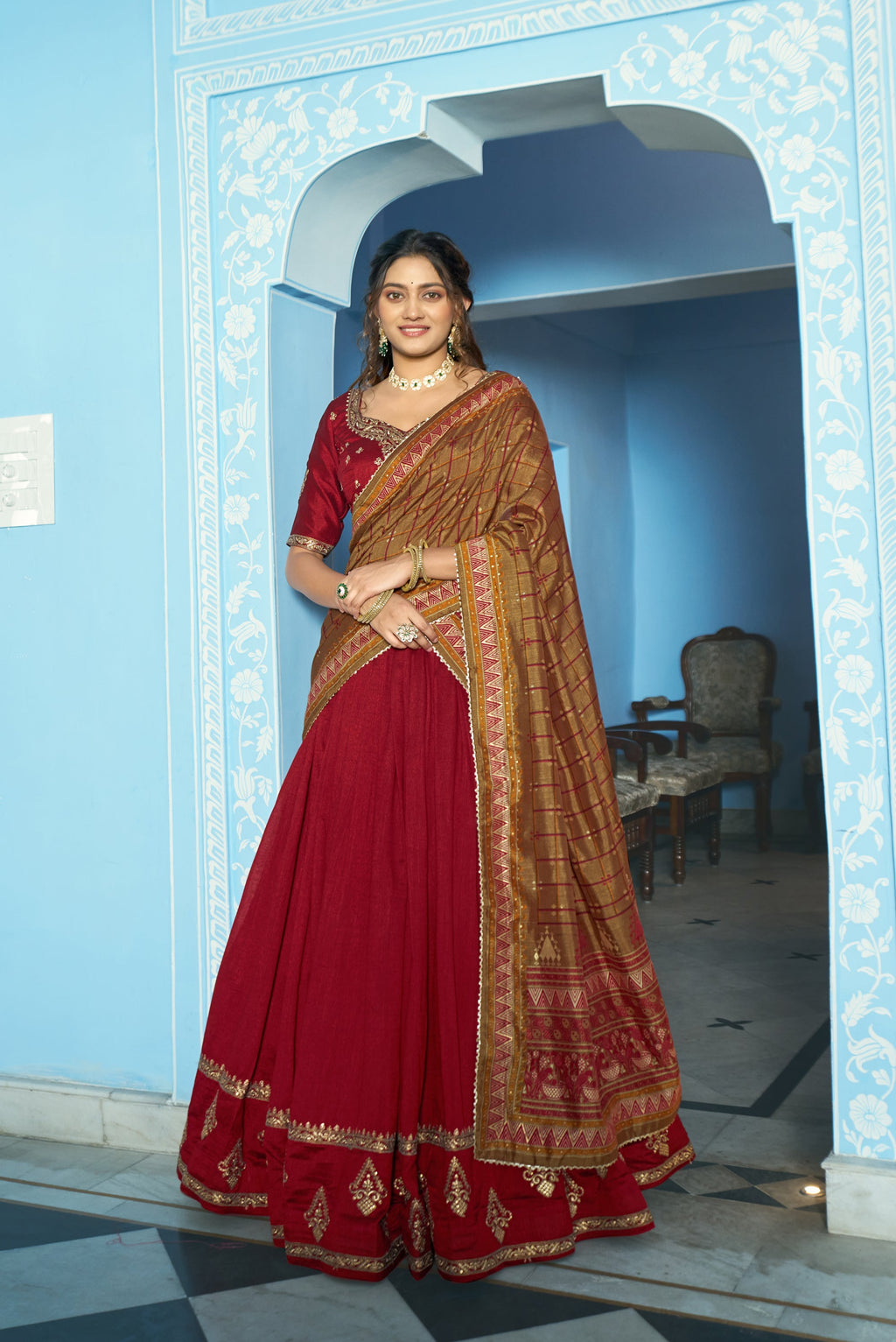 Maroon Vichitra Silk Lehenga Choli with Sequins and Embroidery