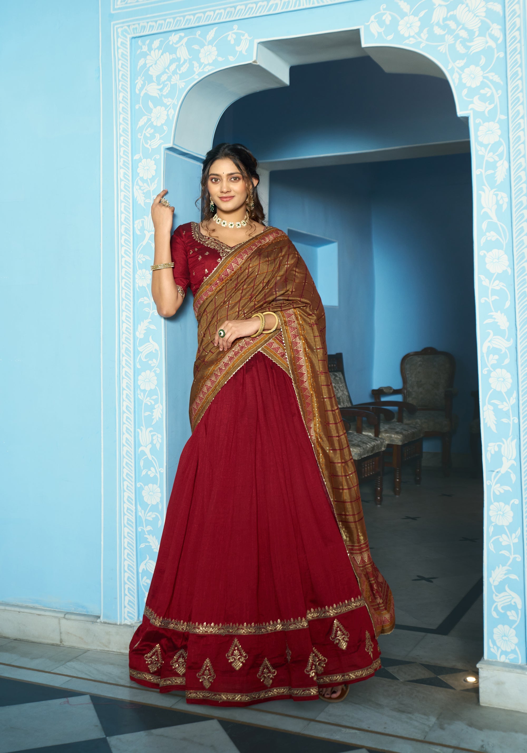 Maroon Vichitra Silk Lehenga Choli with sequins and thread work
