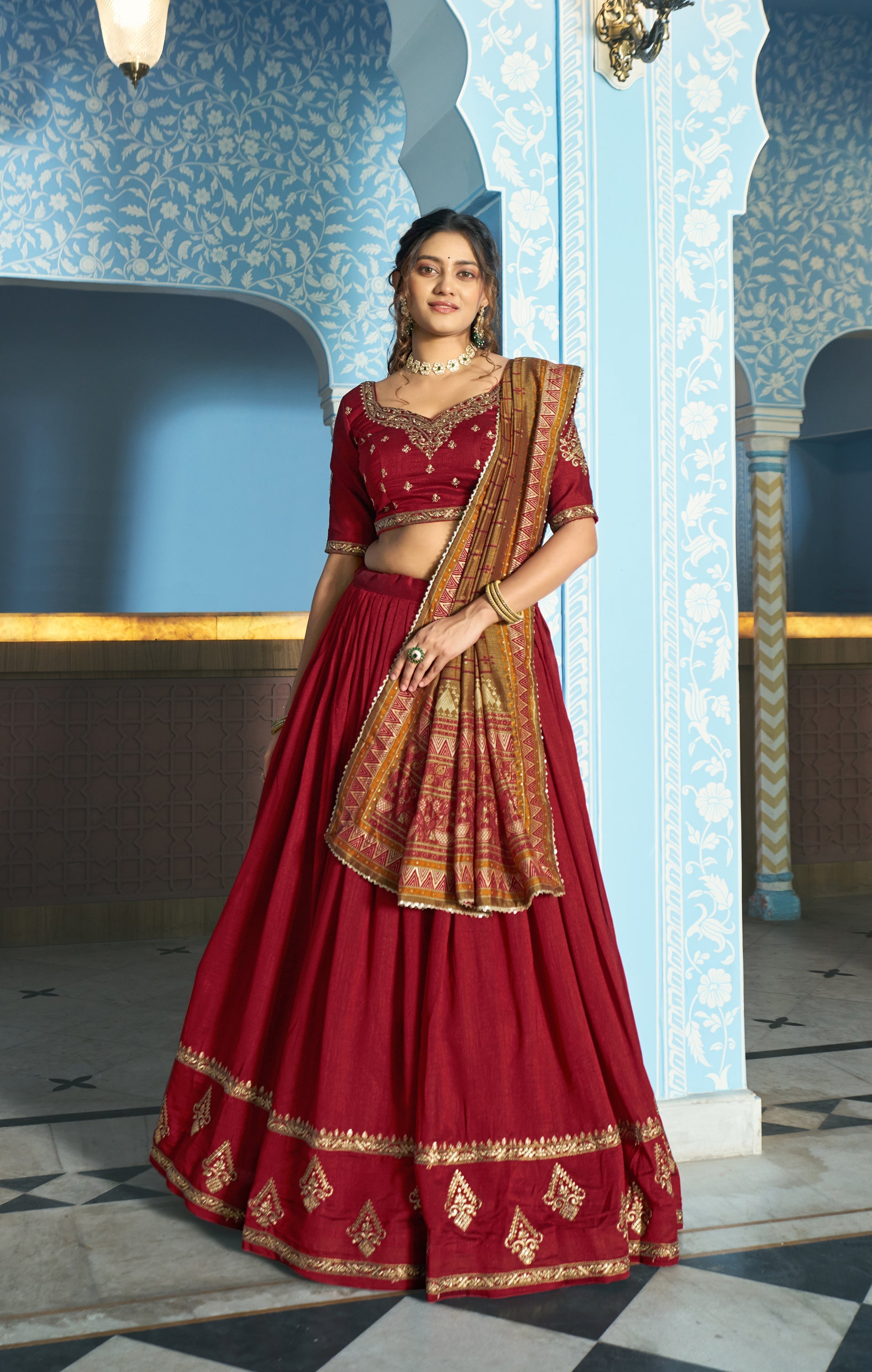 Maroon Vichitra Silk Lehenga Choli with Sequins and Embroidery
