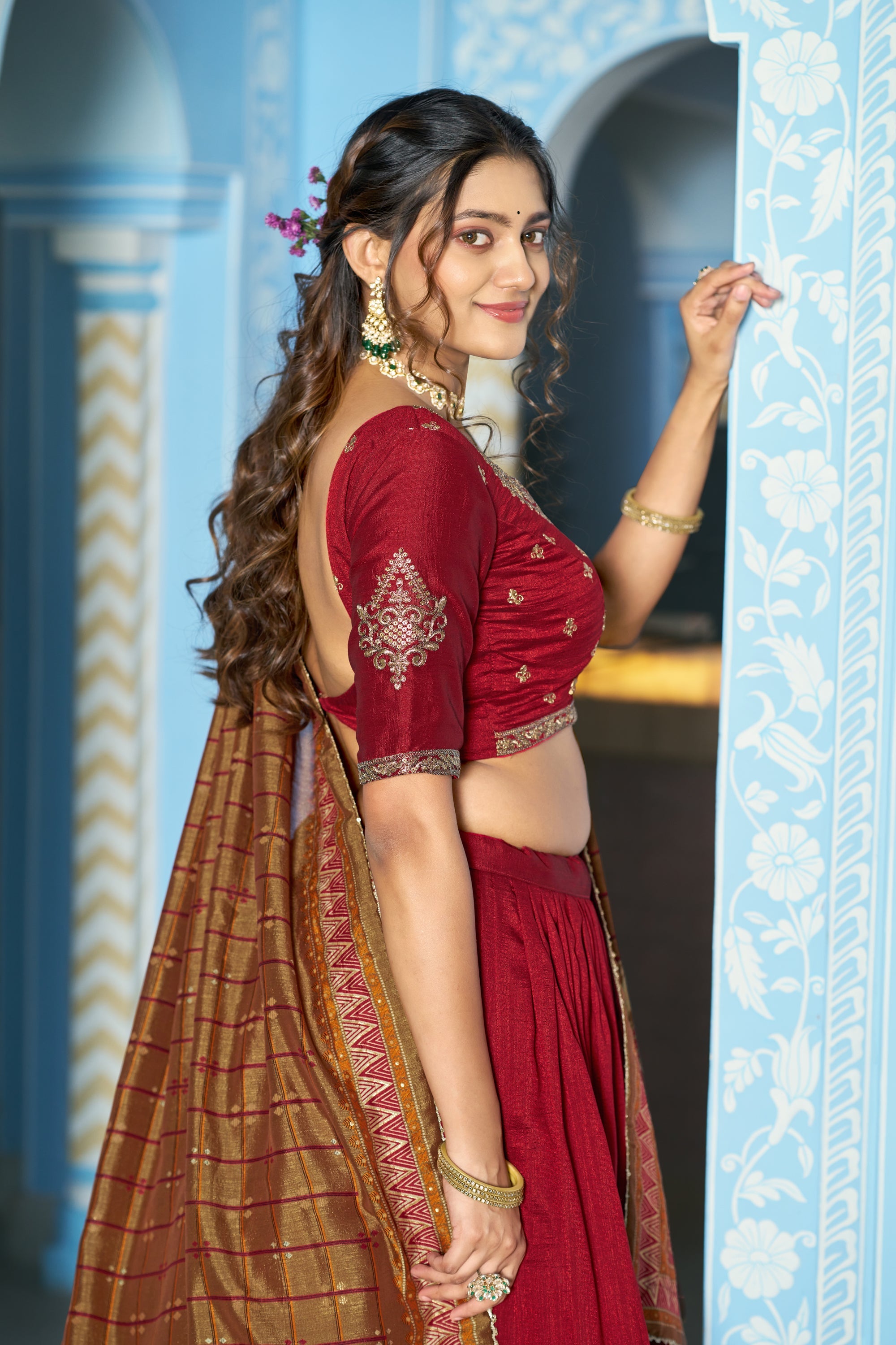 Maroon Vichitra Silk Lehenga Choli with Sequins and Embroidery