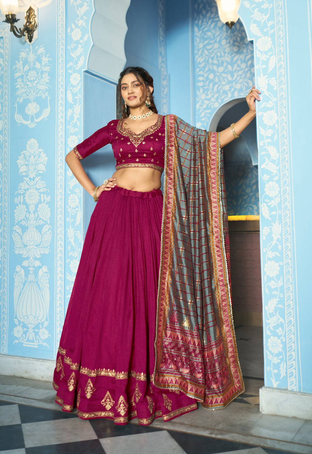 Stitched Ranipink Vichitra Silk lehenga choli with sequins and embroidery