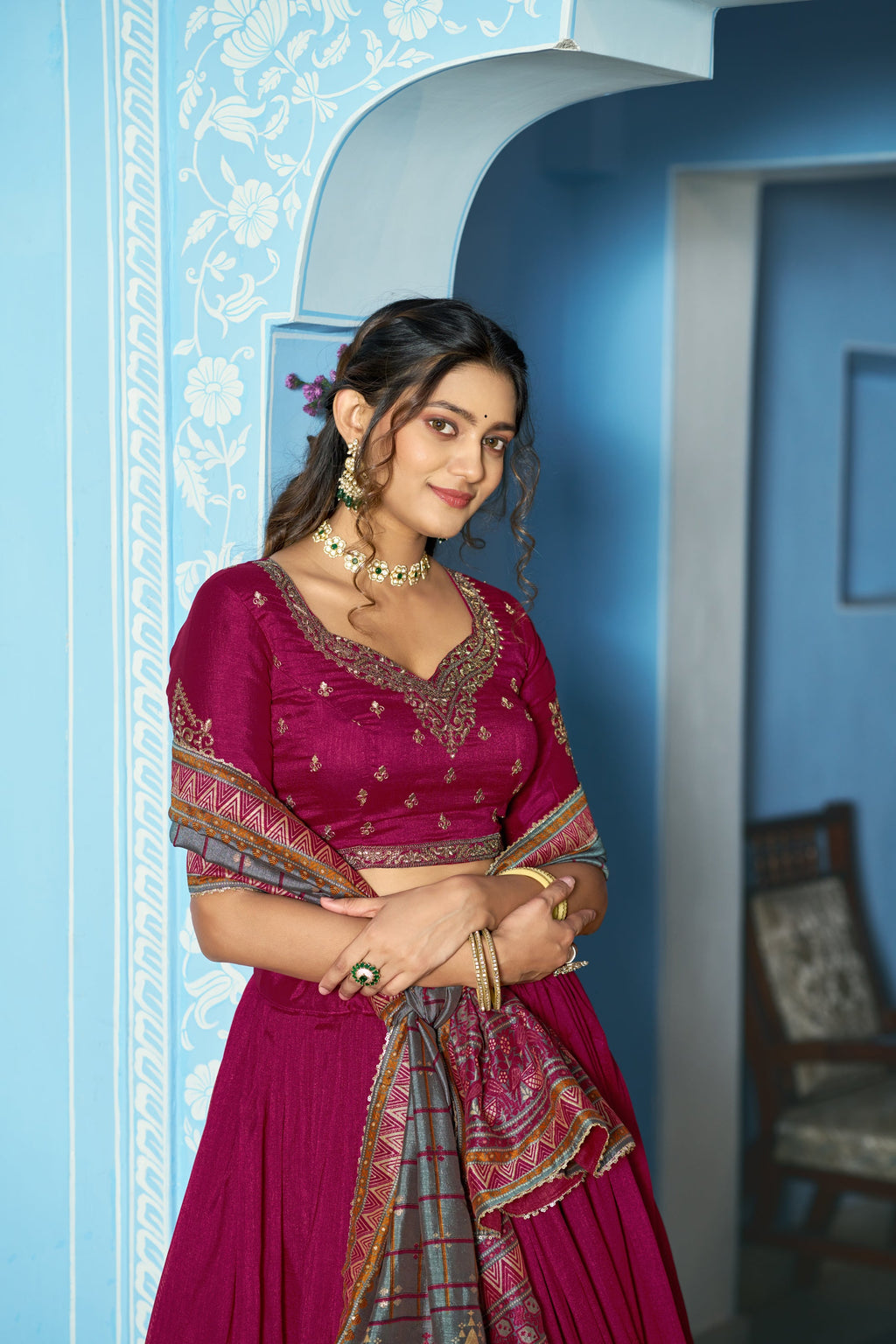 Ranipink Vichitra Silk Lehenga Choli with Sequins and Embroidery