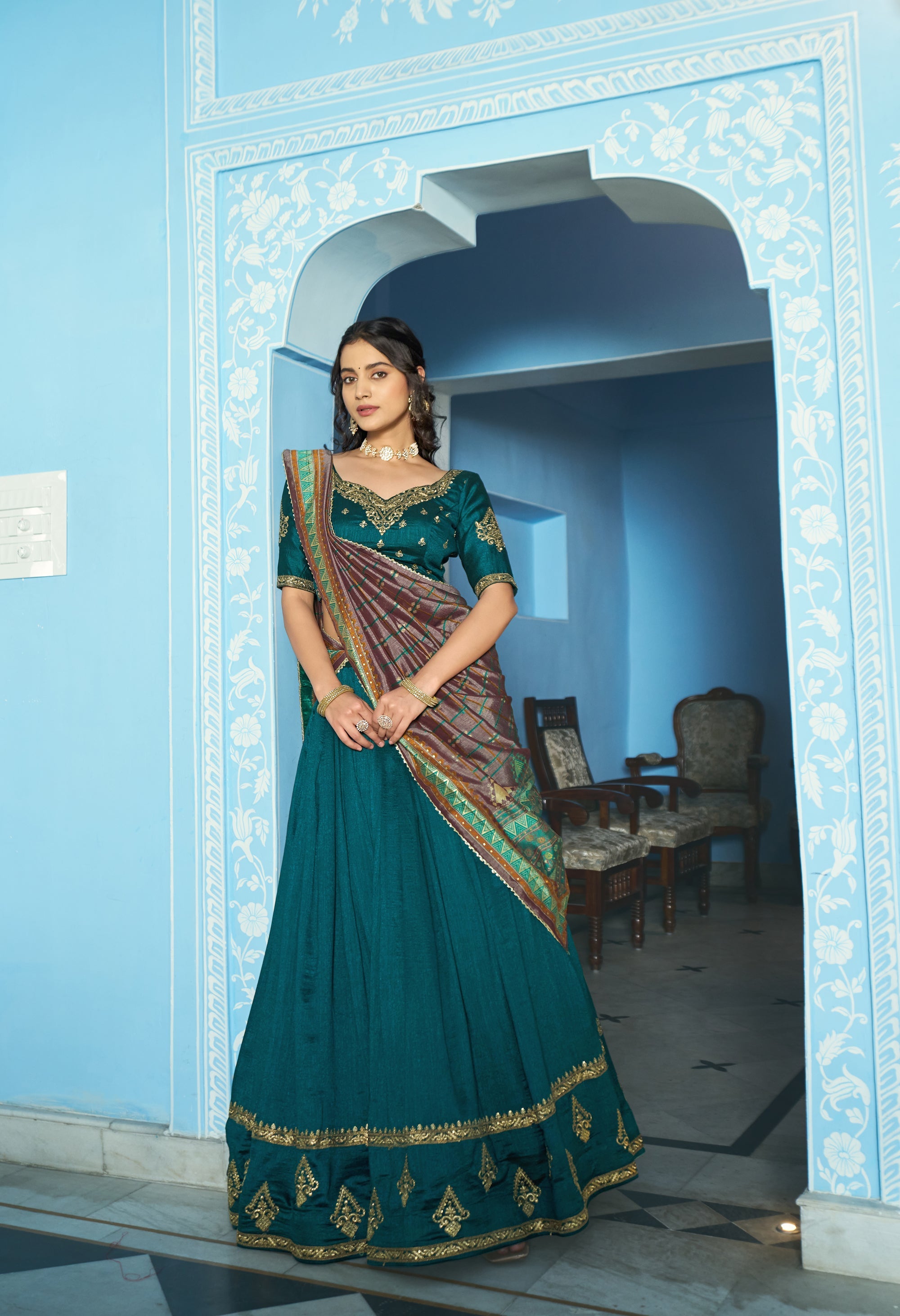 Teal Vichitra silk lehenga choli with fine thread embroidery and sequin work