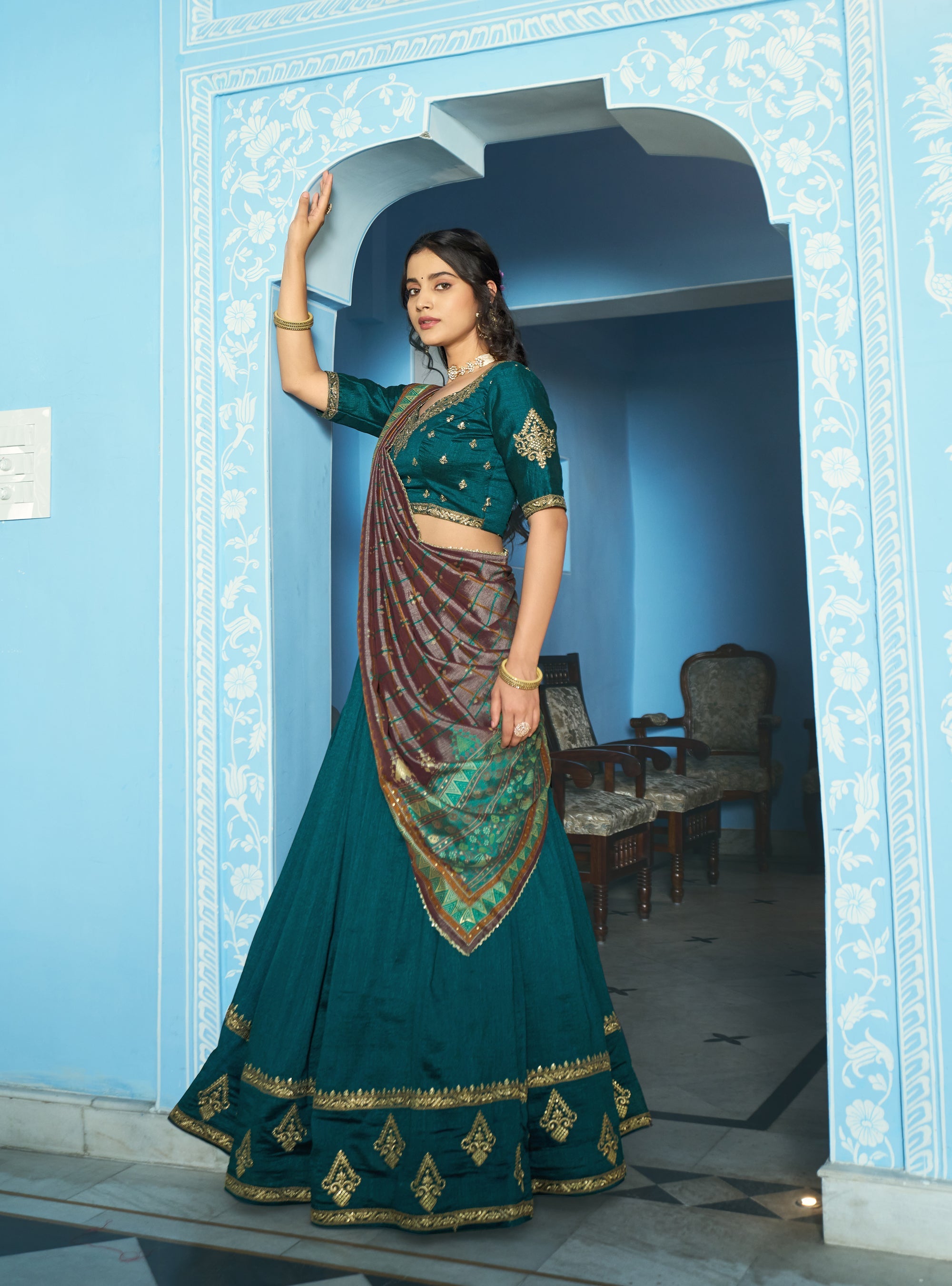 Teal Vichitra Silk Lehenga Choli with Sequins and Embroidery