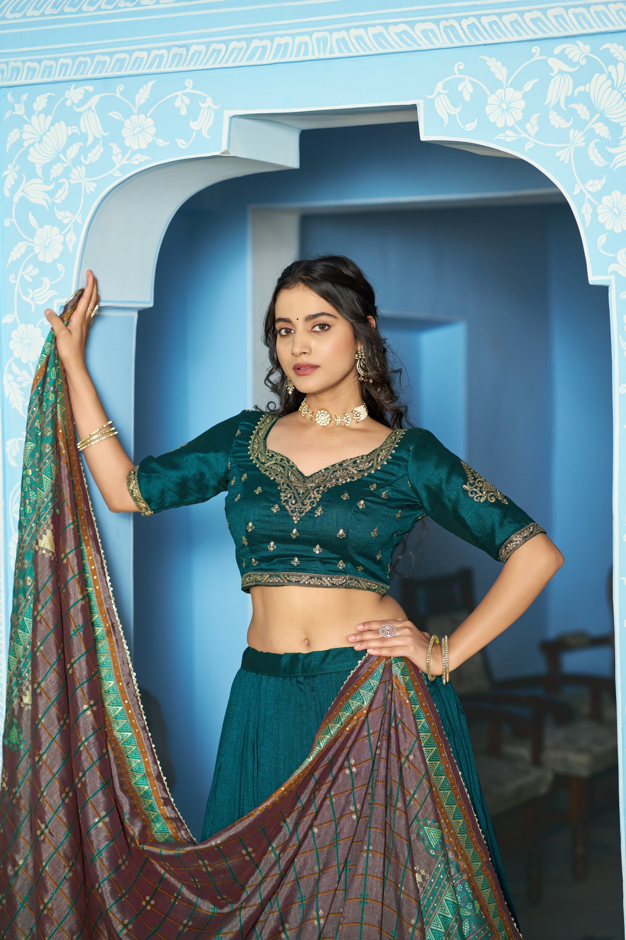 Teal Vichitra Silk Lehenga Choli with Sequins and Embroidery