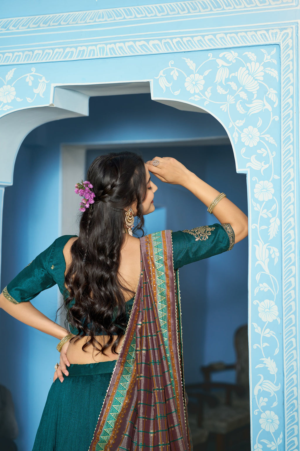 Teal Vichitra Silk Lehenga Choli with Sequins and Embroidery