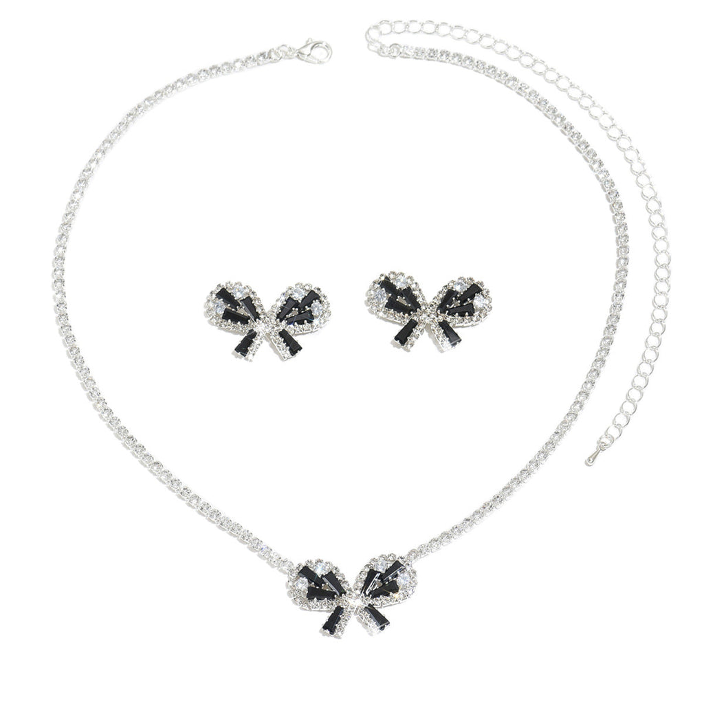 Women Black Butterfly Cubic Zirconia 2 Pcs Jewelry Set,Necklace And Earrings,Fashion Luxurious Costume Accessories For Party Occasion