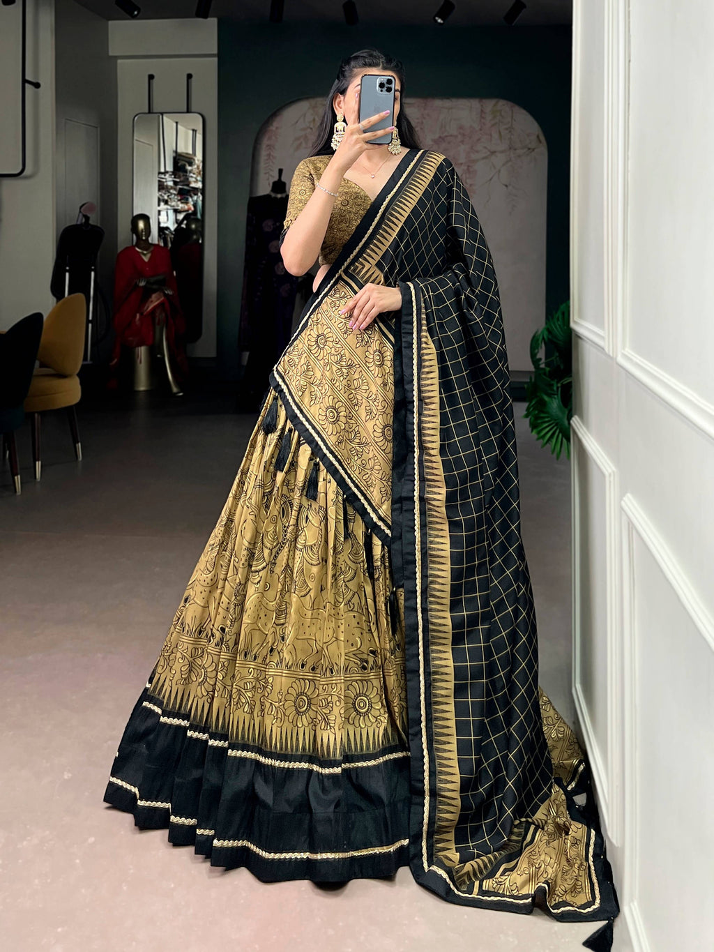 Gold Tasar Silk Kalamkari Print Lehenga Choli with Lace Border