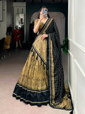 Gold Tasar Silk Kalamkari Print Lehenga Choli with Lace Border