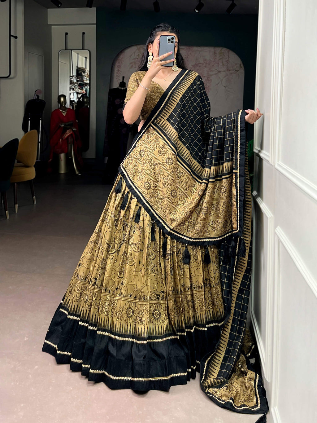 Gold Tasar Silk Kalamkari Print Lehenga Choli with Lace Border