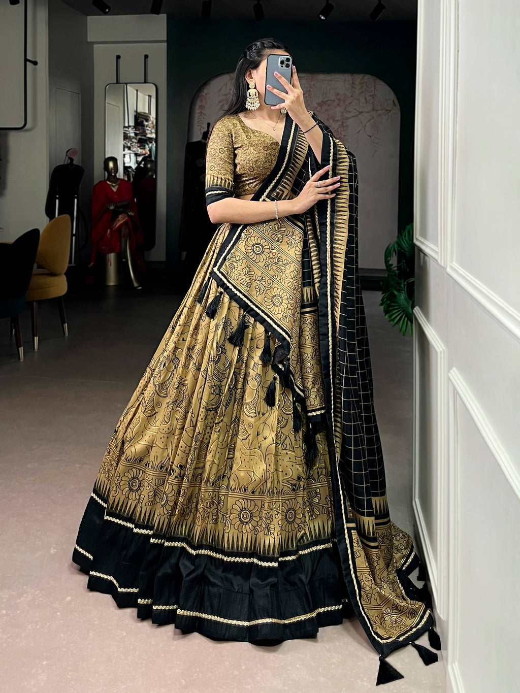 Gold Tasar Silk Kalamkari Print Lehenga Choli with Lace Border