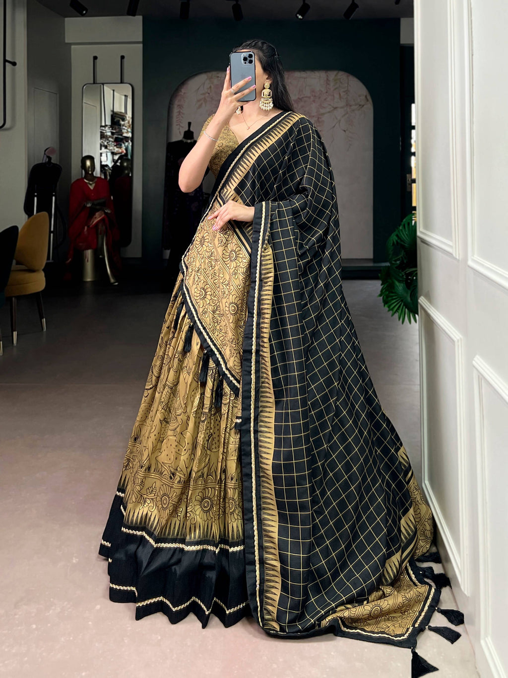 Gold Tasar Silk lehenga choli with detailed Kalamkari print and lace border