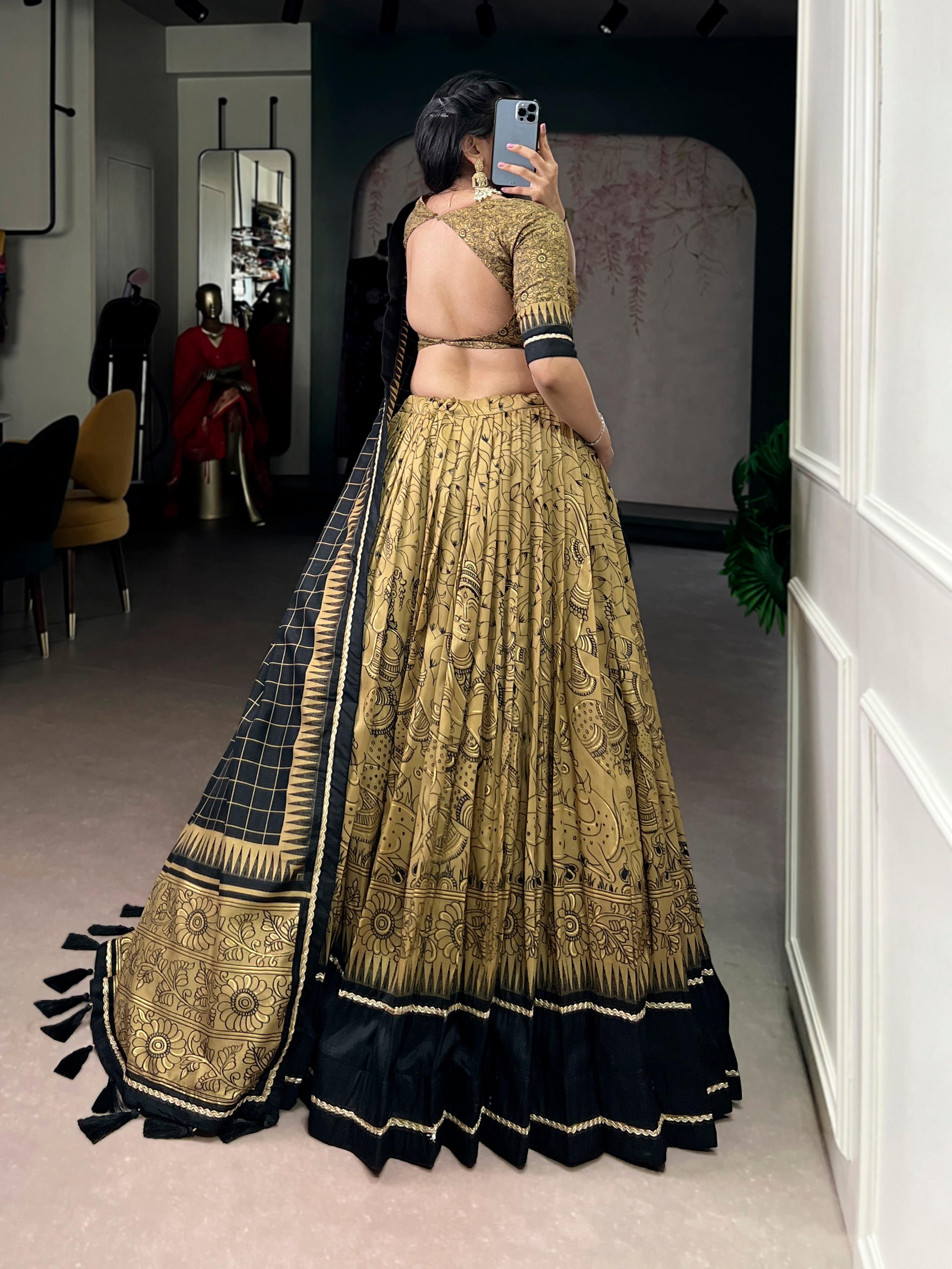 Gold Tasar Silk Kalamkari Print Lehenga Choli with Lace Border