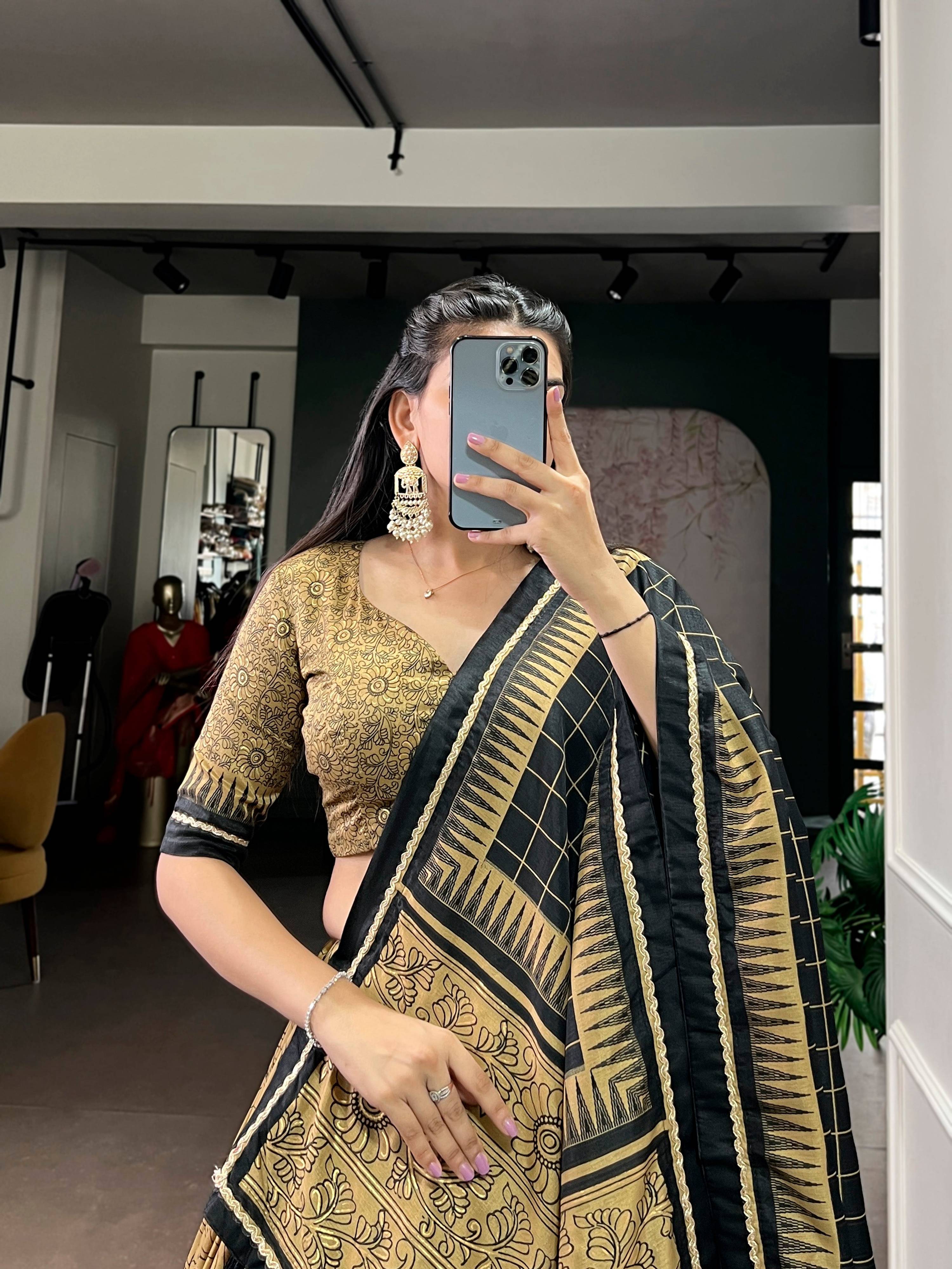 Gold Tasar Silk Kalamkari Print Lehenga Choli with Lace Border