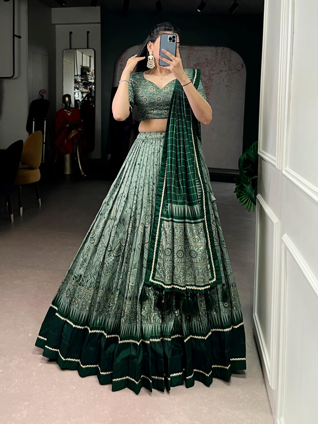 Lorenvalley Fashion Green Tasar Silk Lehenga Choli with Kalamkari print and lace border detail