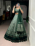 Lorenvalley Fashion Green Tasar Silk Lehenga Choli with Kalamkari print and lace border detail
