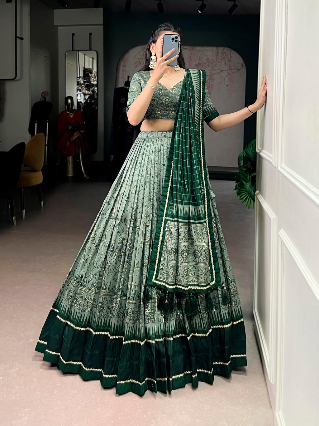 Green Tasar Silk Kalamkari Print Lehenga Choli with Lace Border