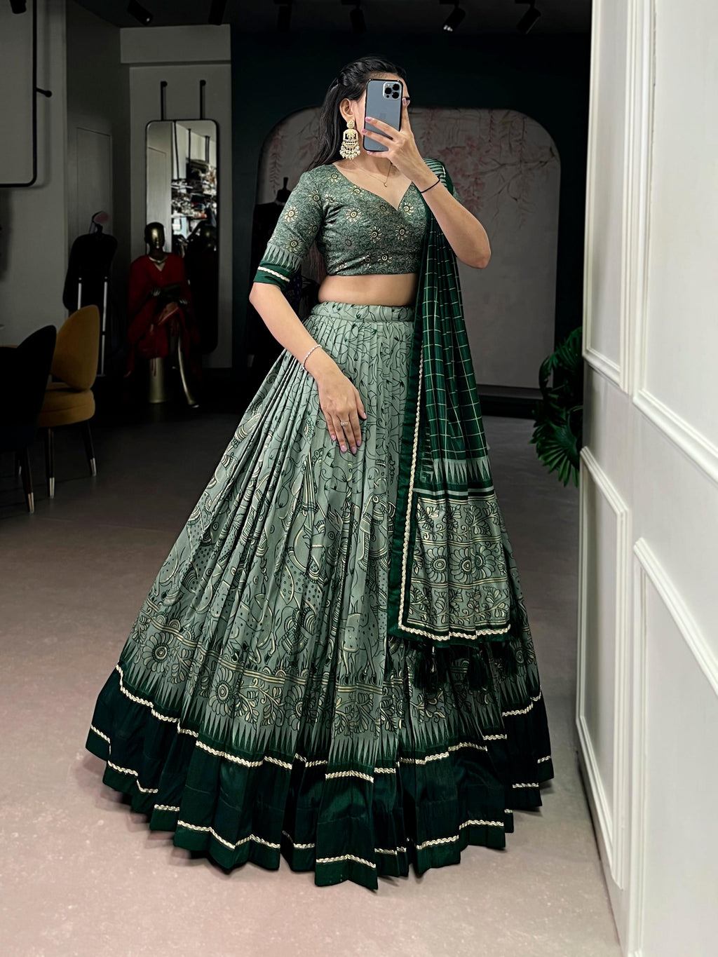 Green Tasar Silk Kalamkari Print Lehenga Choli with Lace Border