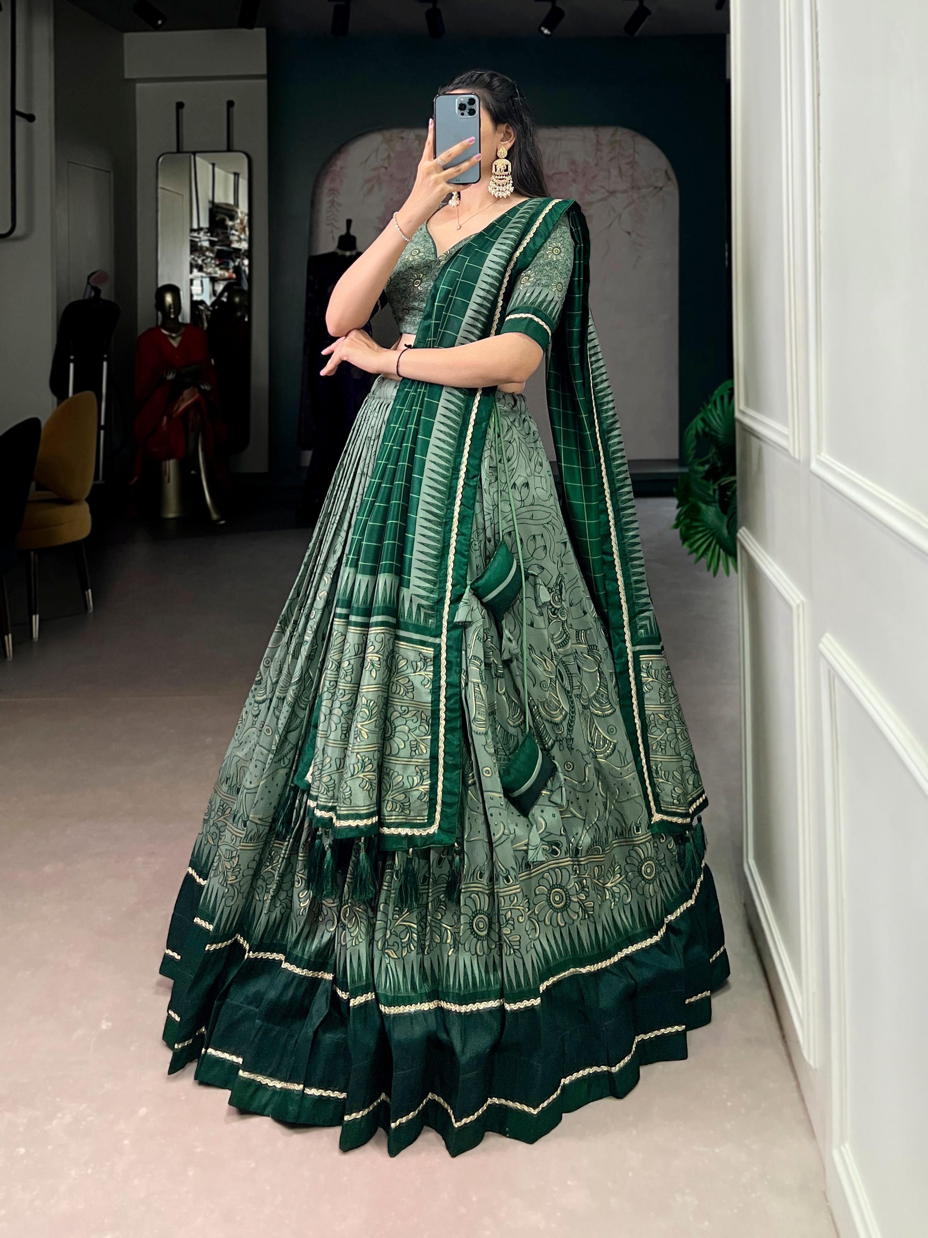 Green Tasar Silk Kalamkari Print Lehenga Choli with Lace Border