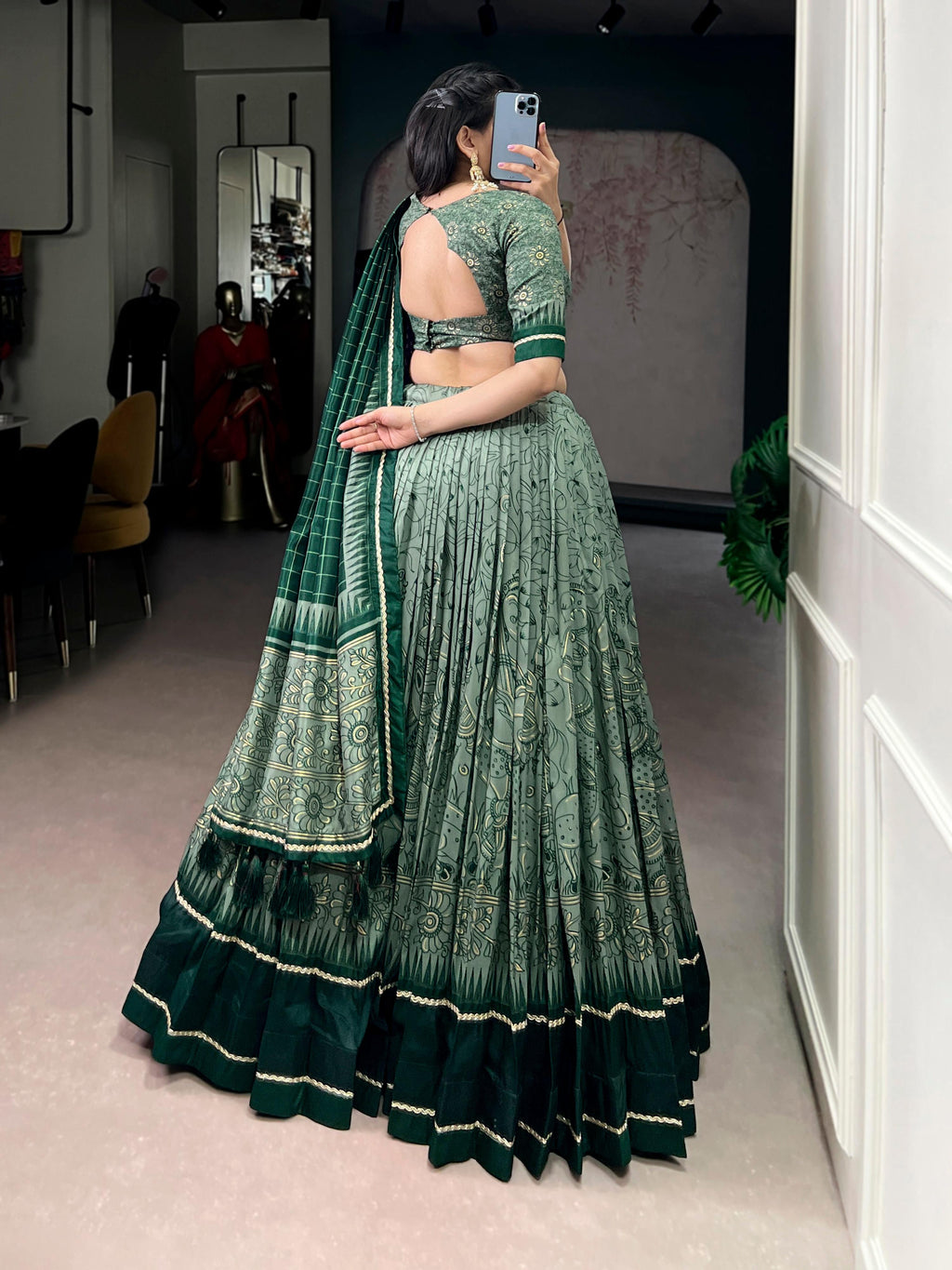 Green Tasar Silk Kalamkari Print Lehenga Choli with Lace Border