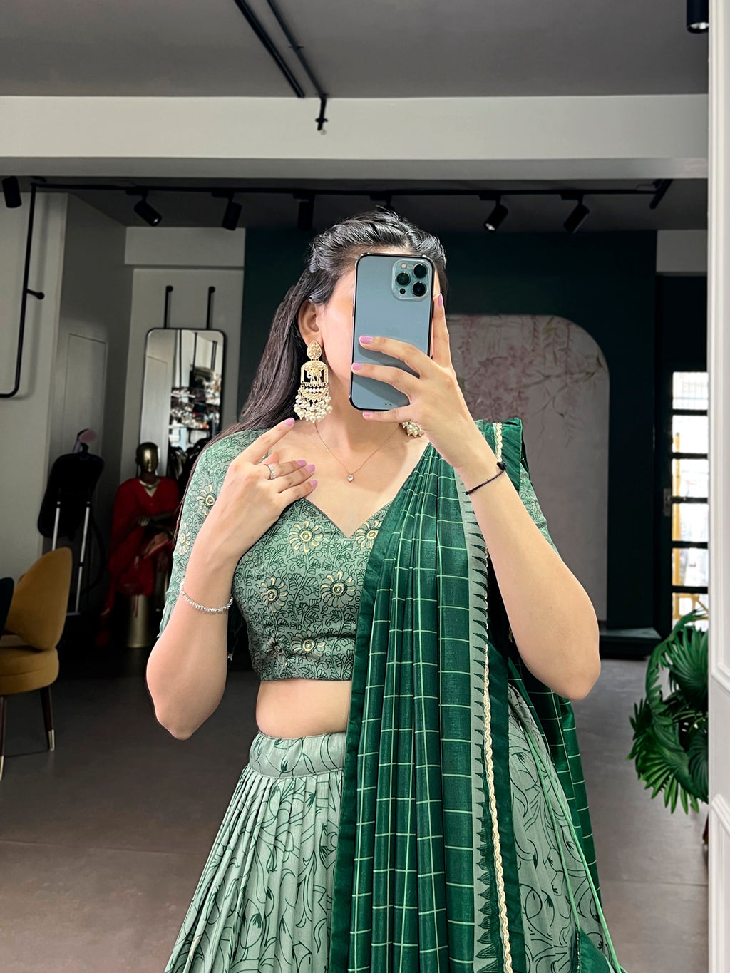Green Tasar Silk Kalamkari Print Lehenga Choli with Lace Border