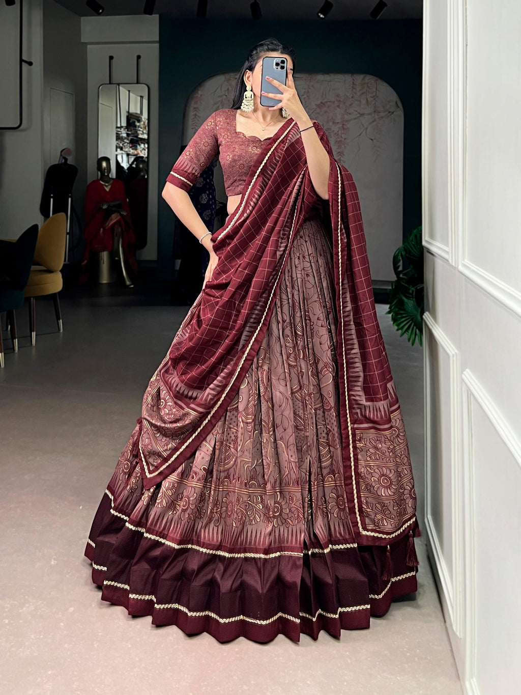 Maroon Tasar Silk Kalamkari Print Lehenga Choli with Lace Border