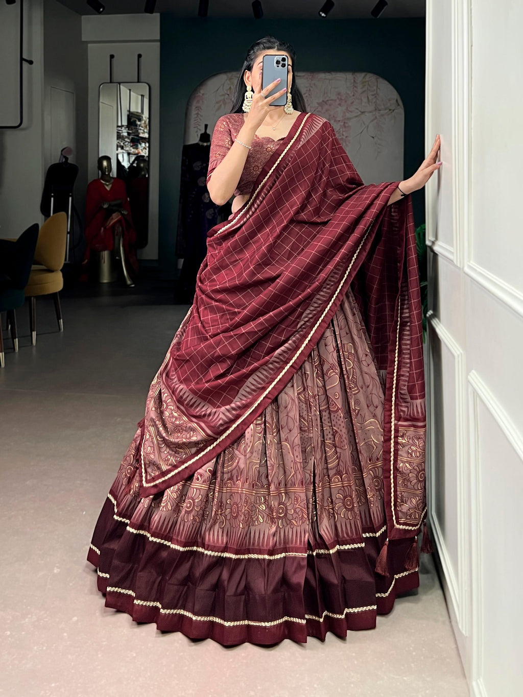 Maroon Tasar Silk Kalamkari Print Lehenga Choli with Lace Border