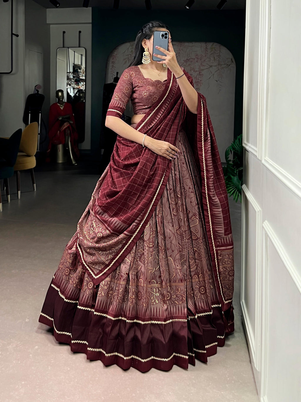 Maroon Tasar Silk lehenga choli with Kalamkari print and lace border details